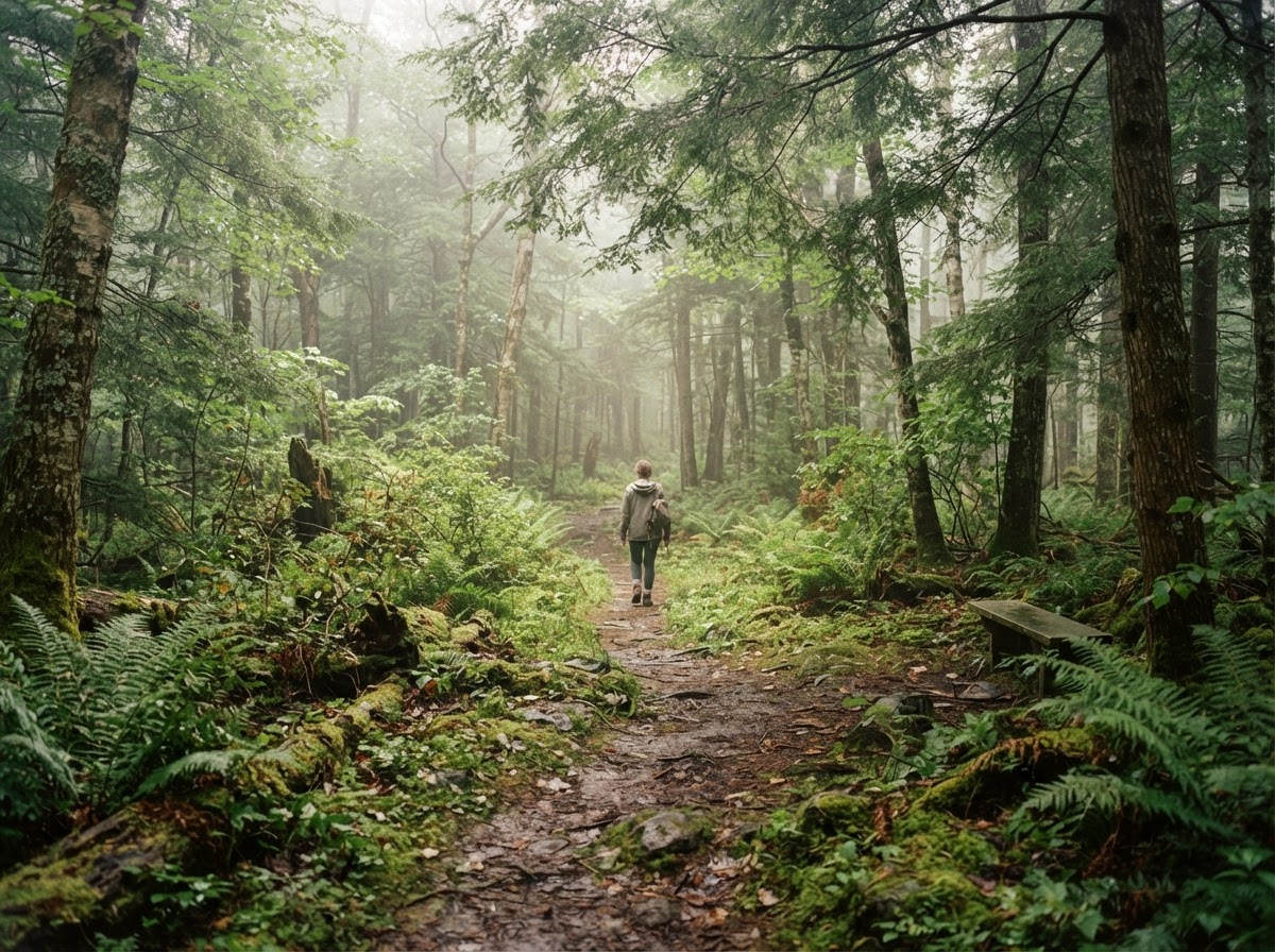 A serene misty forest path for nature walking and forest bathing