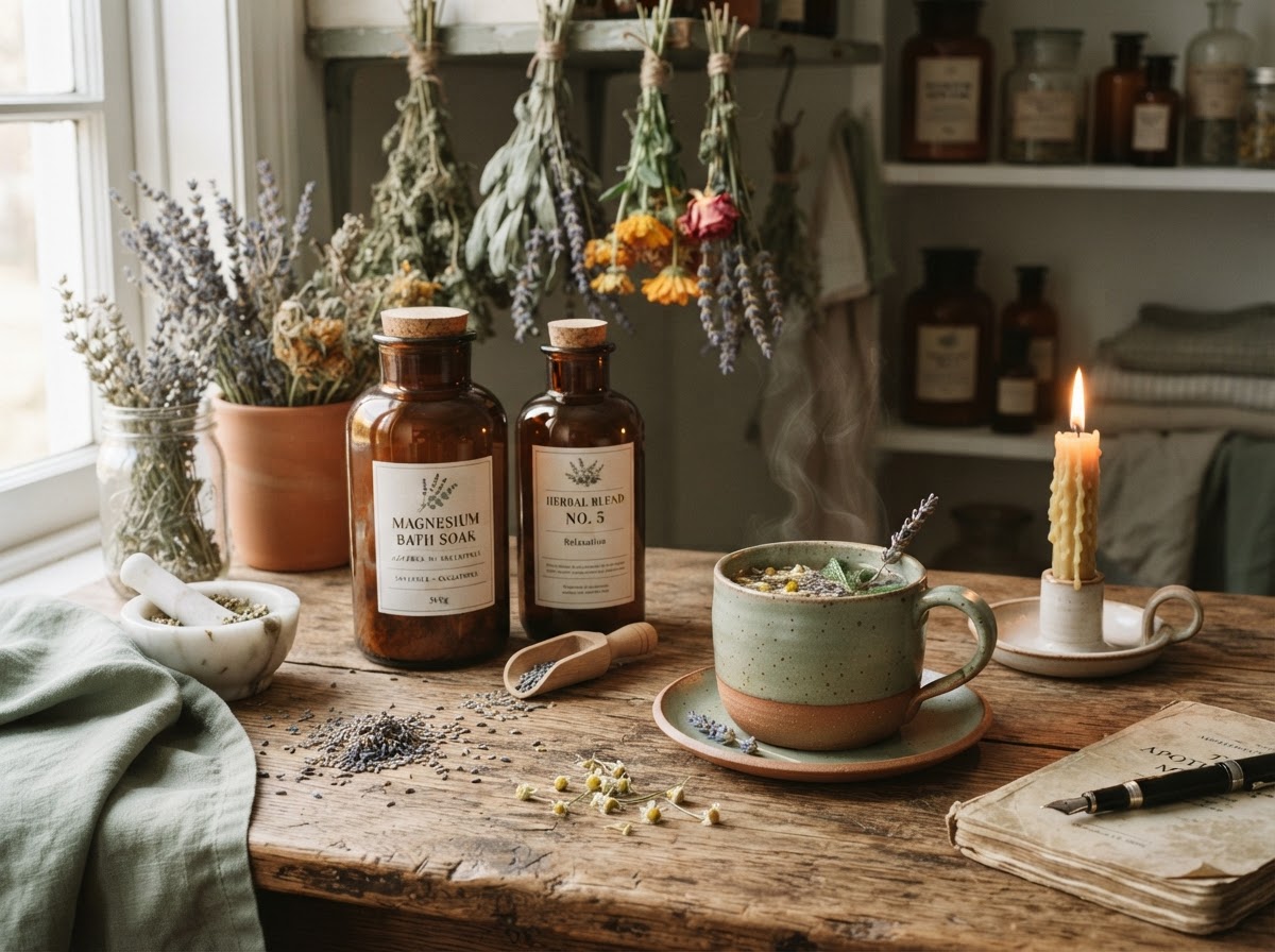 Herbal apothecary with amber bottles, dried herbs, and a lit candle
