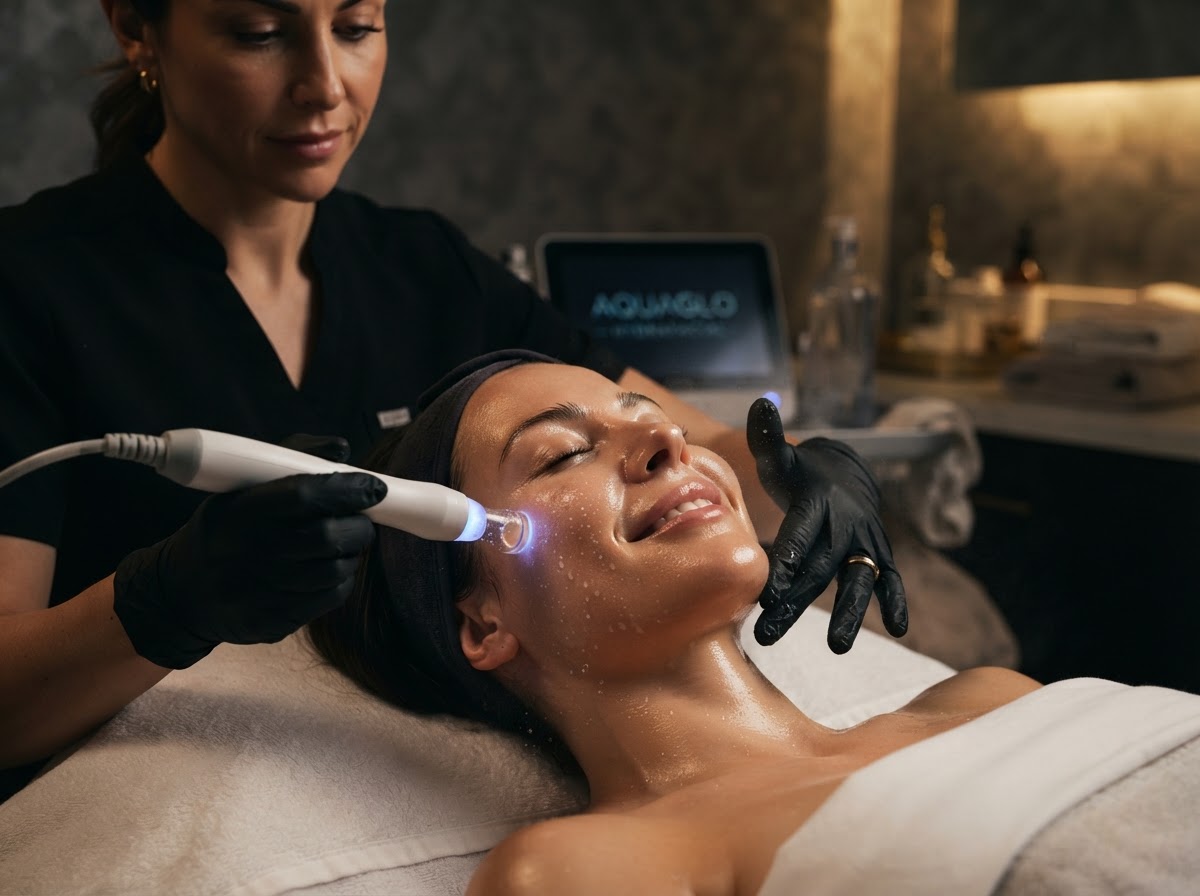 Client enjoying a soothing AquaGlo hydra-facial treatment
