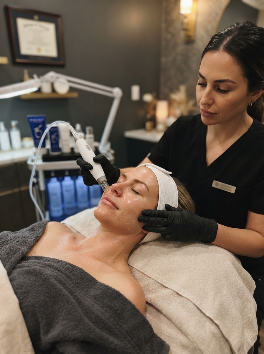Client relaxing during a custom AquaGlo hydra-facial at Rejuvenate Renew