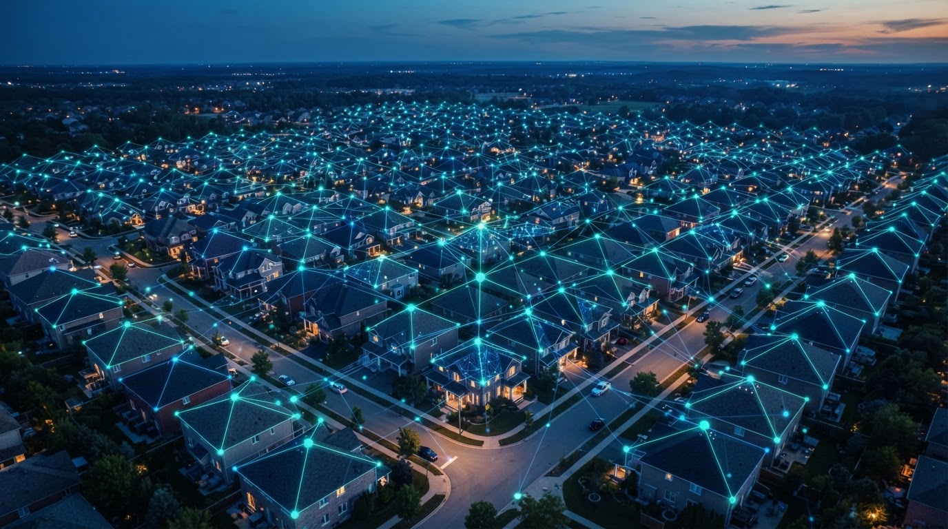 Aerial view of residential roofs connected by an AI data network