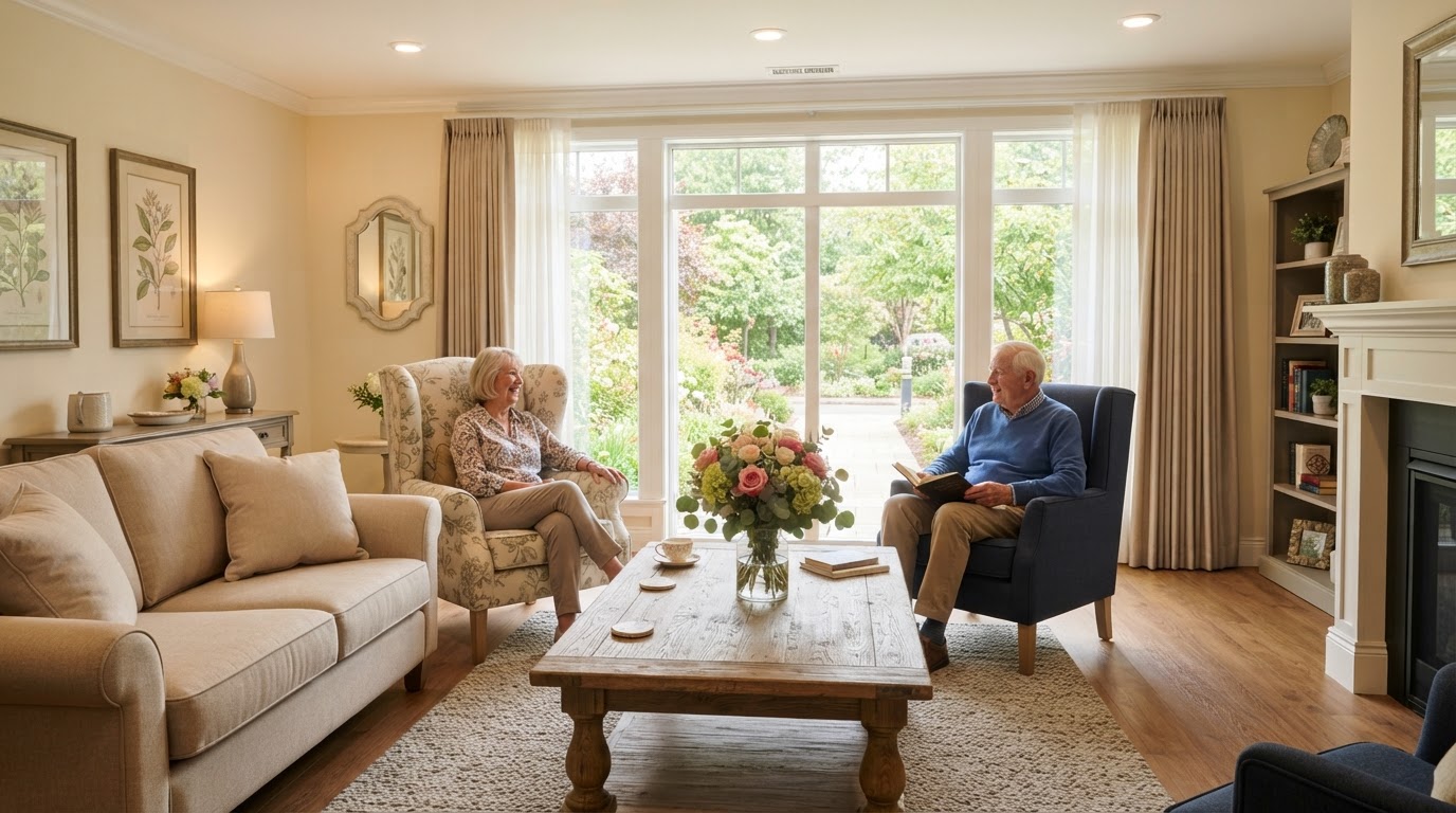 A bright, welcoming, contemporary living room in a warm assisted senior living home