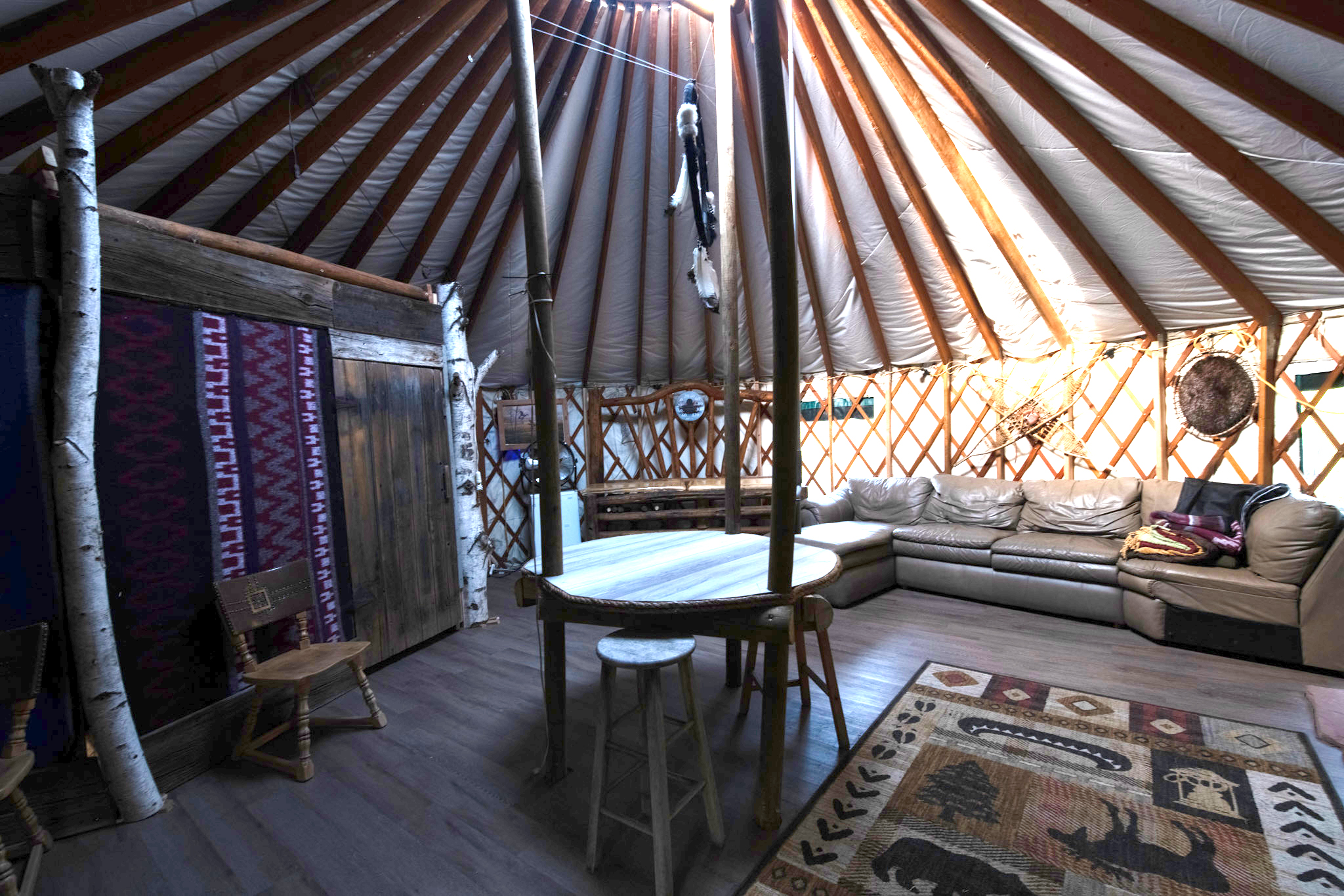 Inside the yurt at Teepees by the River, a riverfront glamping retreat near Boise