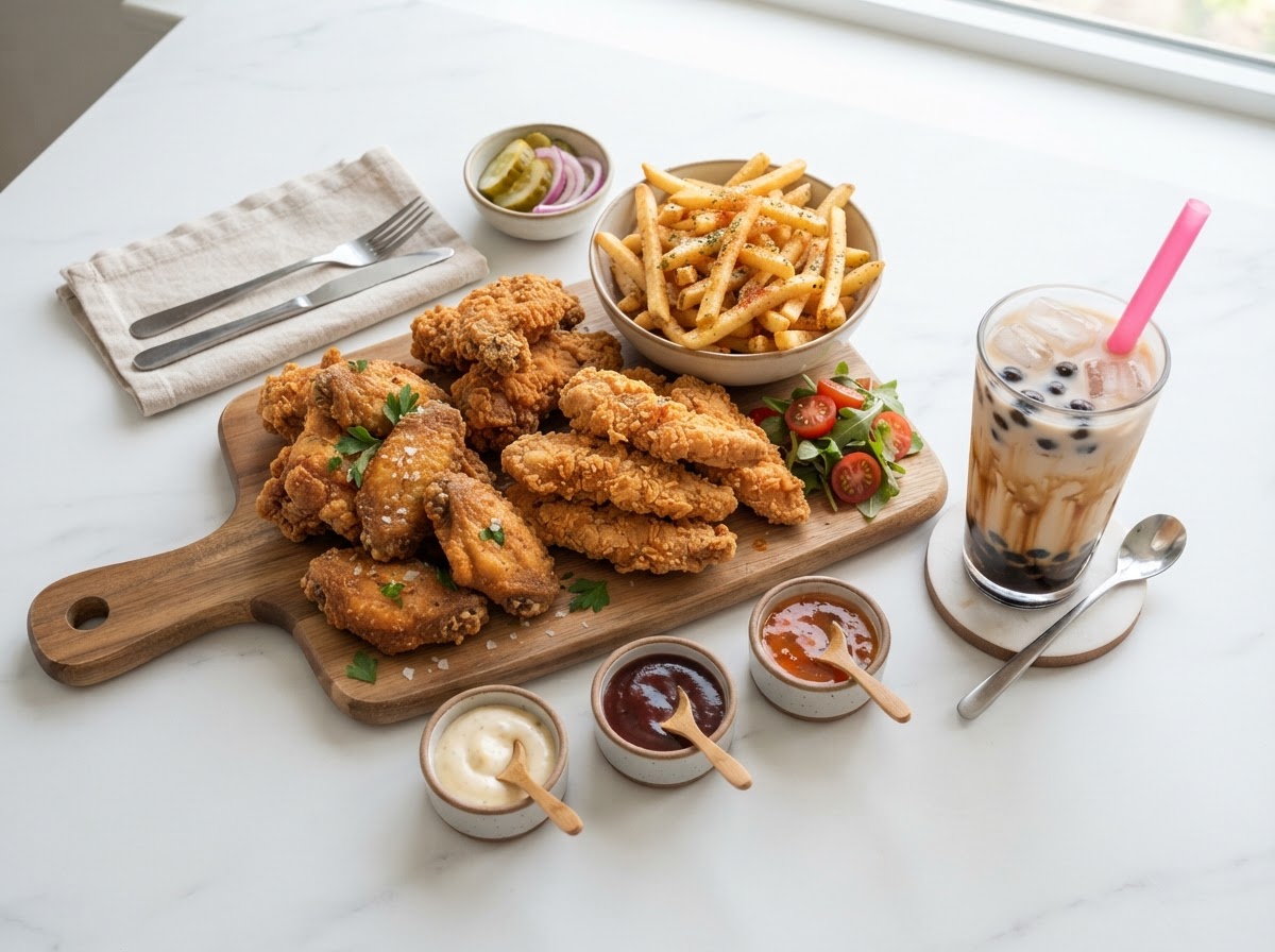 Catering wing feast flatlay with sauced boneless wings, golden wings, tenders and fries