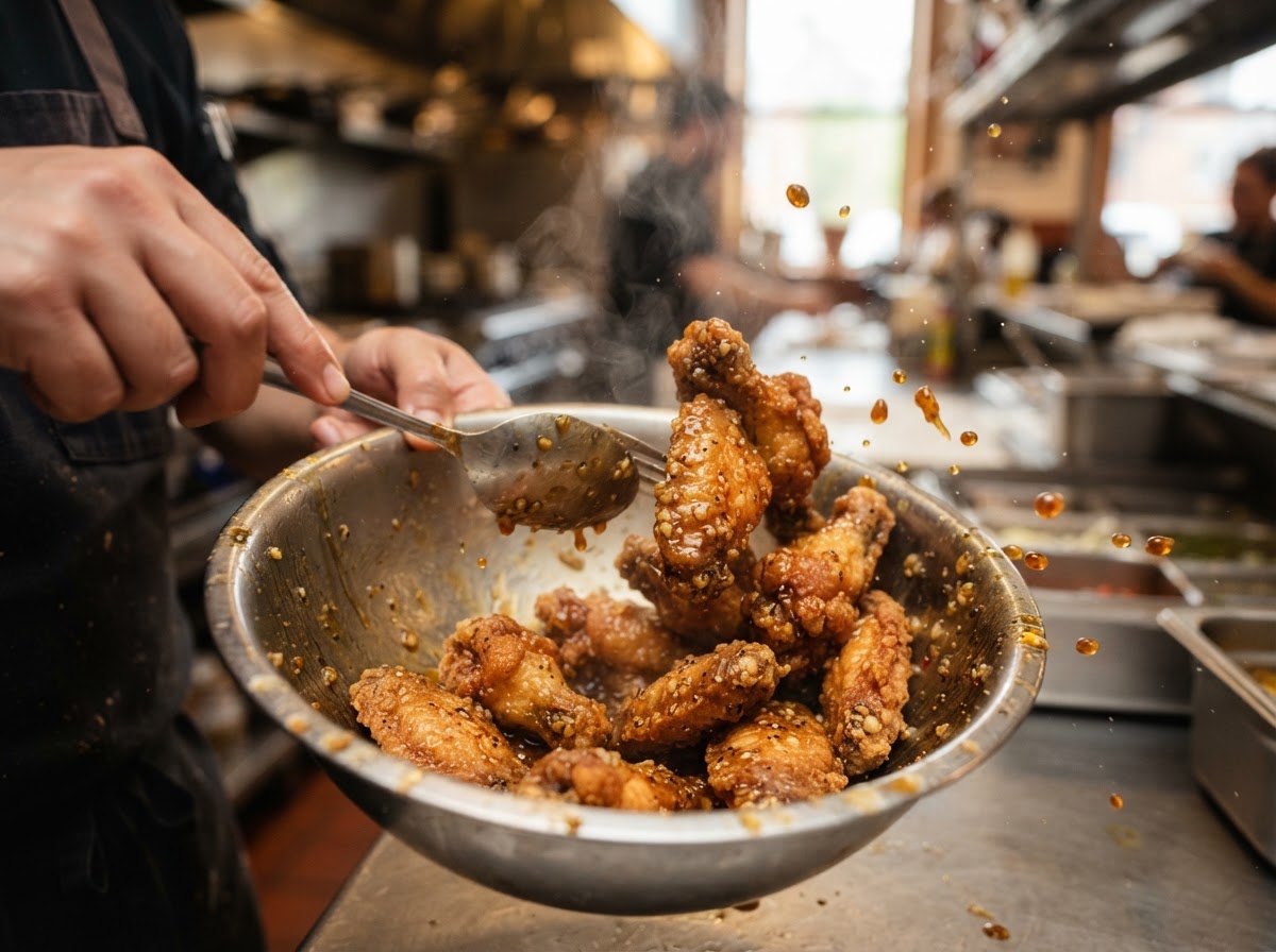 Golden crispy wings being tossed fresh in signature honey garlic pepper glaze
