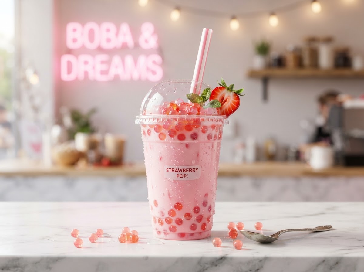 Strawberry Popping Boba Milk Tea from Bàng Bàng Chicken St. Peters — Boba & Fruit Teas
