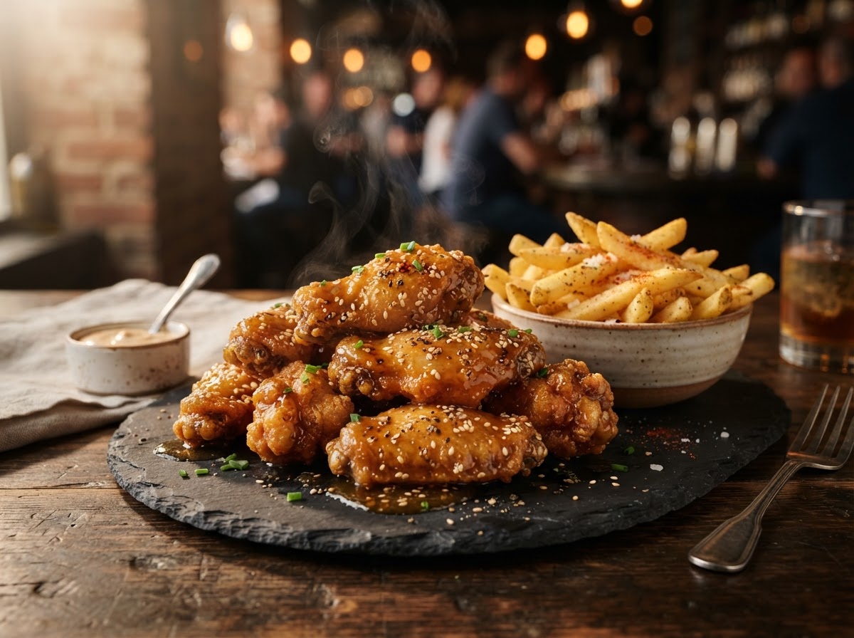 Golden crispy fried chicken wings coated in savory sweet honey garlic pepper glaze and sesame