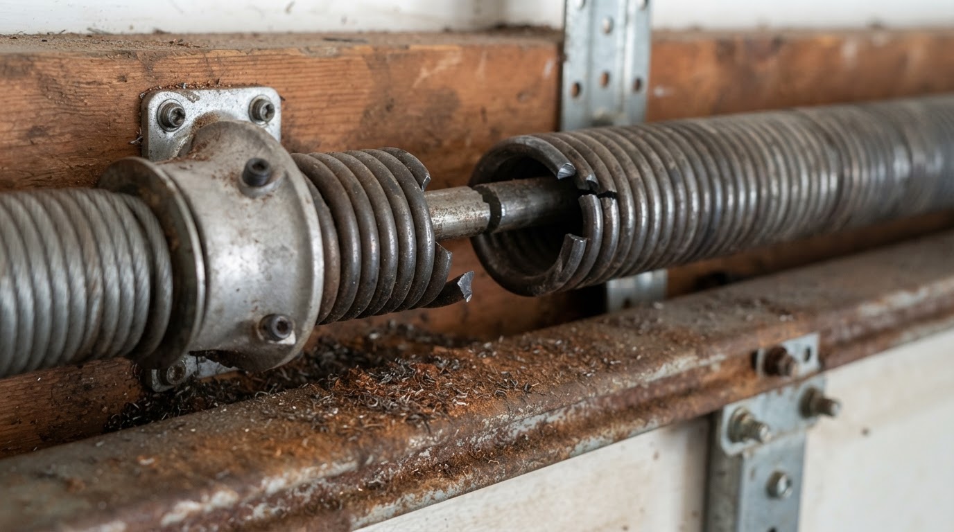 Broken torsion spring with a visible gap in the coil above a garage door