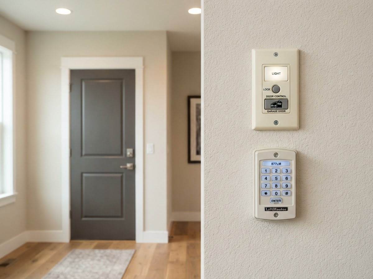 Wall-mounted garage door control button beside an entry door