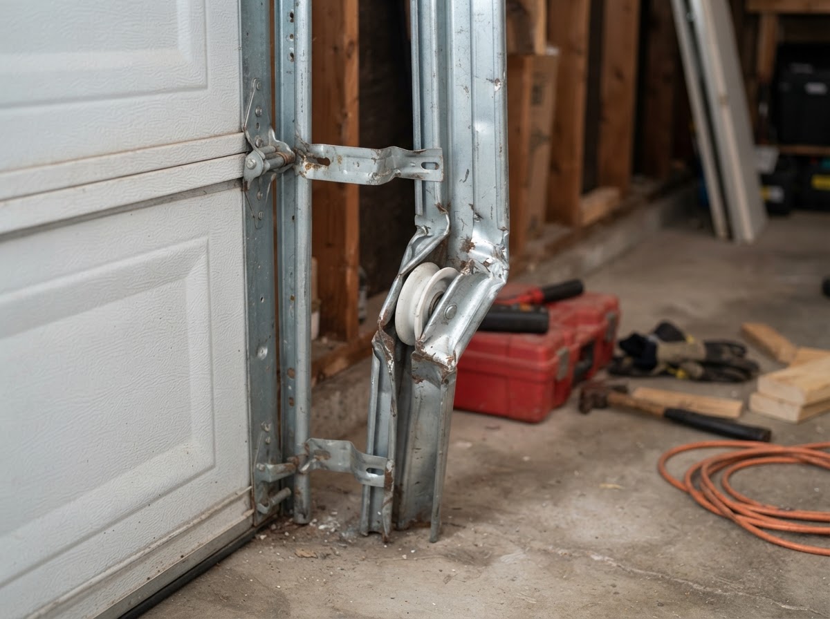Bent garage door track section needing straightening or replacement