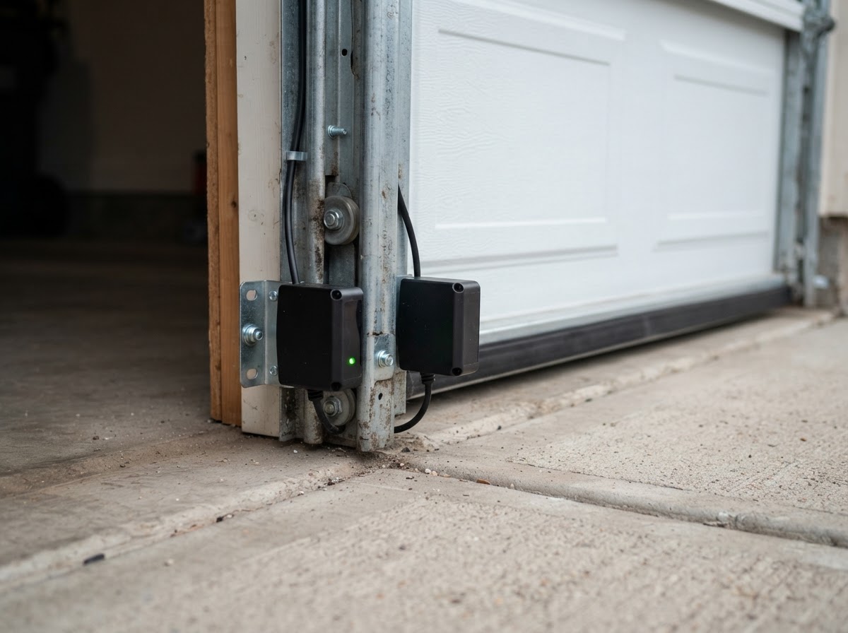 Photo-eye safety sensors aligned at the base of a garage door track