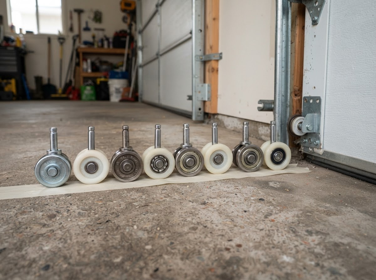 Steel and nylon garage door rollers running in a track