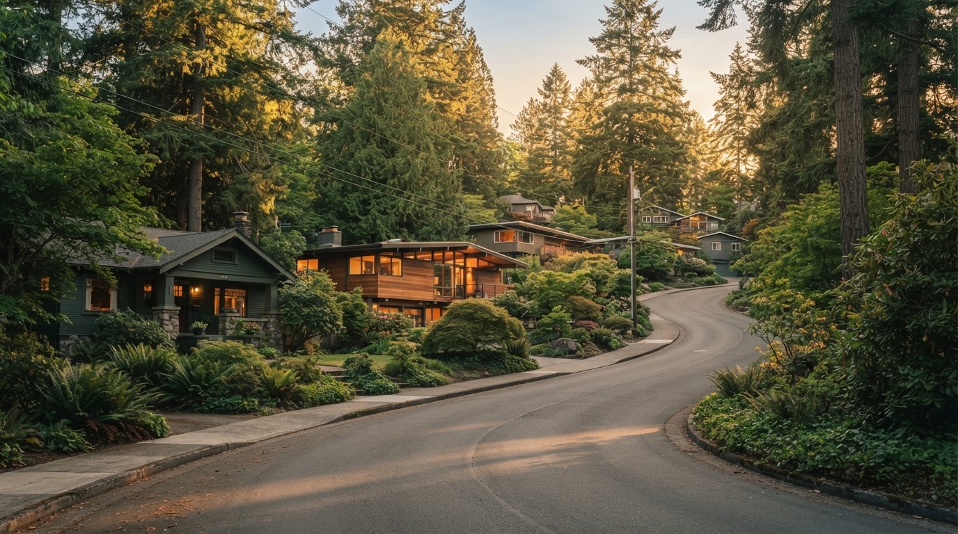 Pacific Northwest neighborhood in SW Portland lined with tall evergreen trees at golden hour