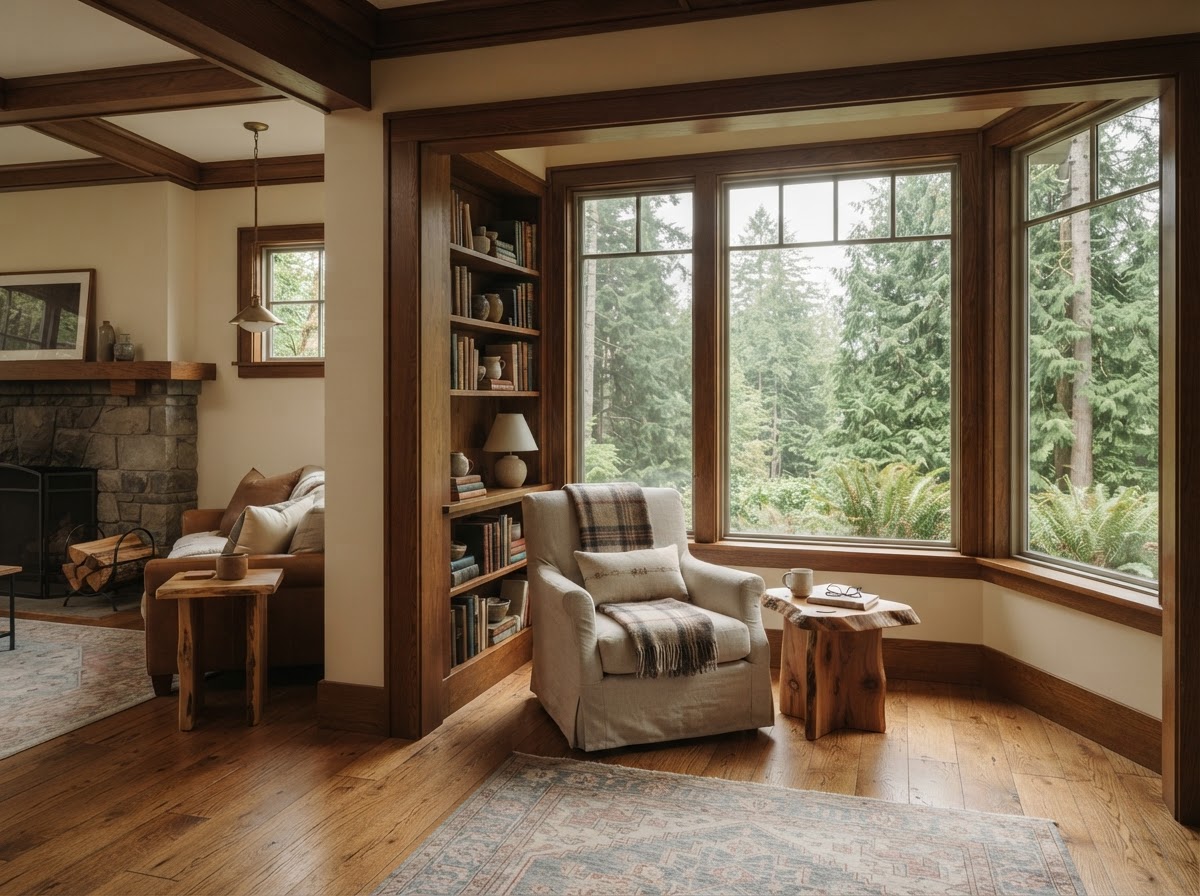 Bright Pacific Northwest home interior with view of evergreen trees