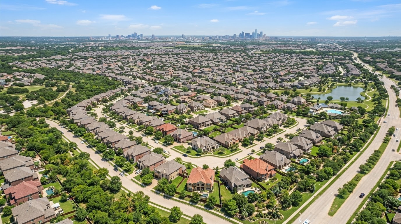 Aerial view of a Dallas-Fort Worth suburban neighborhood