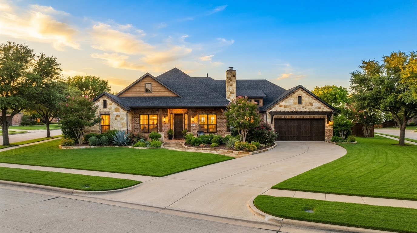 A welcoming single-family home in Dallas-Fort Worth at golden hour