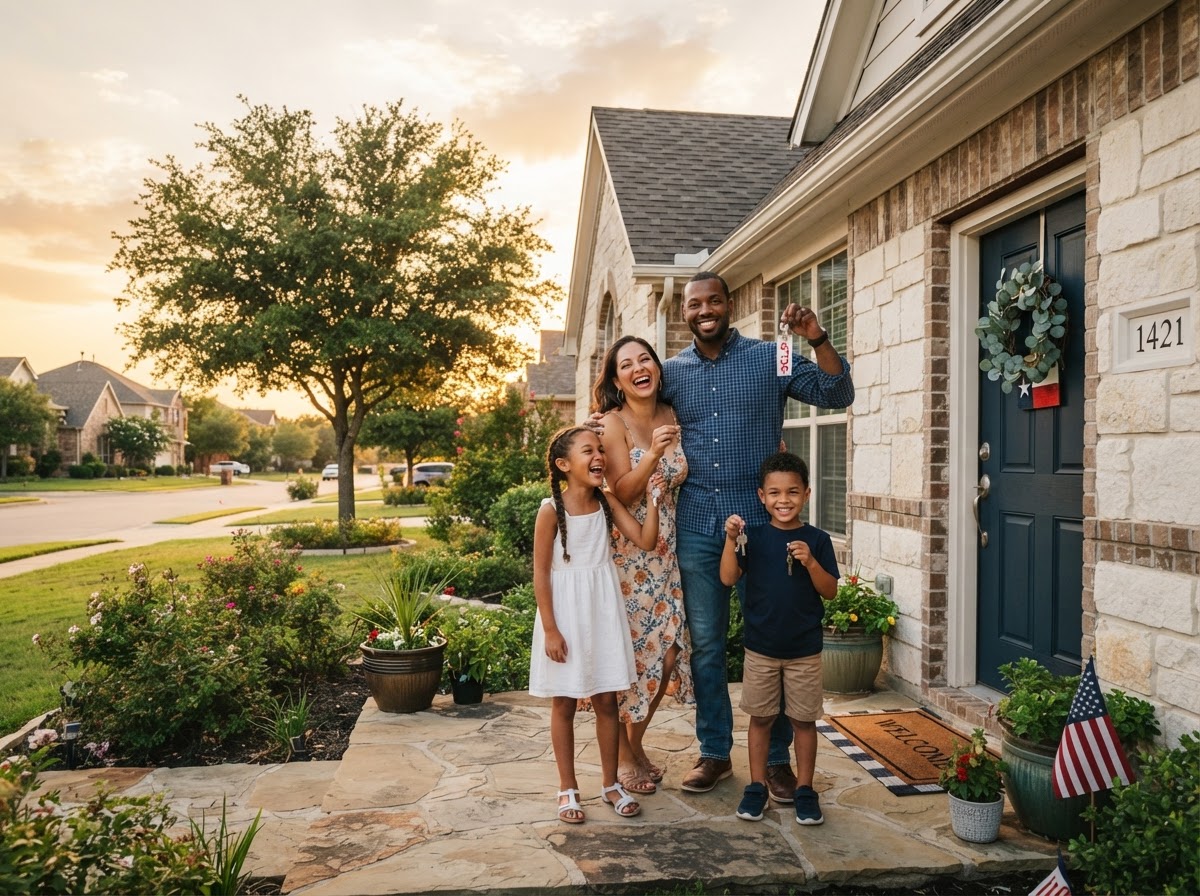 A happy family in front of their Texas home