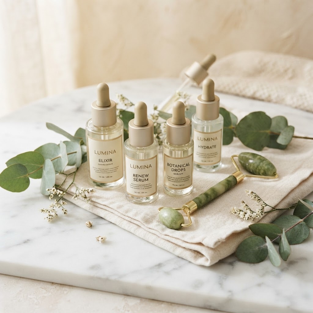 Skincare products and tools arranged at ORÉLIA