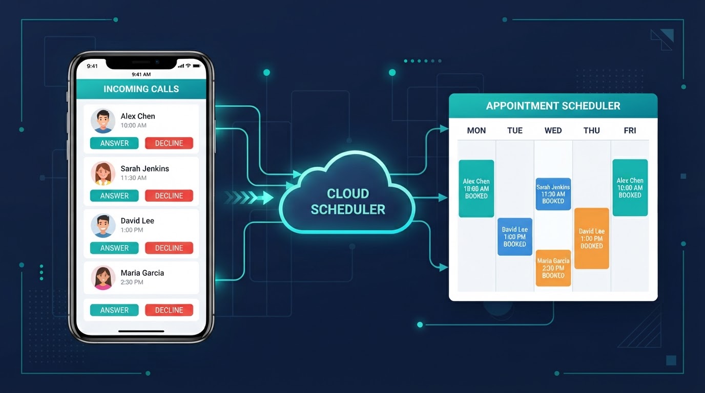 Smartphone interface routing multiple calls into a cloud-based scheduler