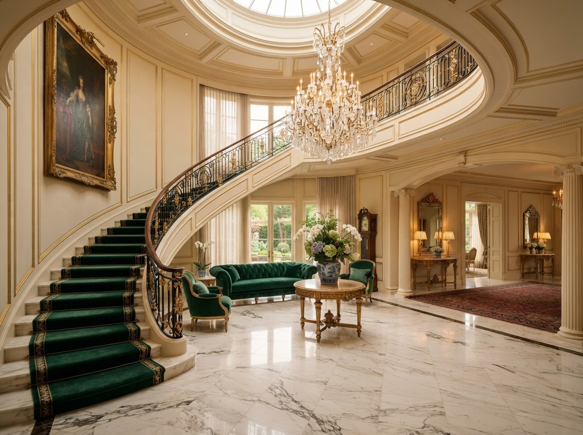 Luxury home interior with marble floors and emerald accents