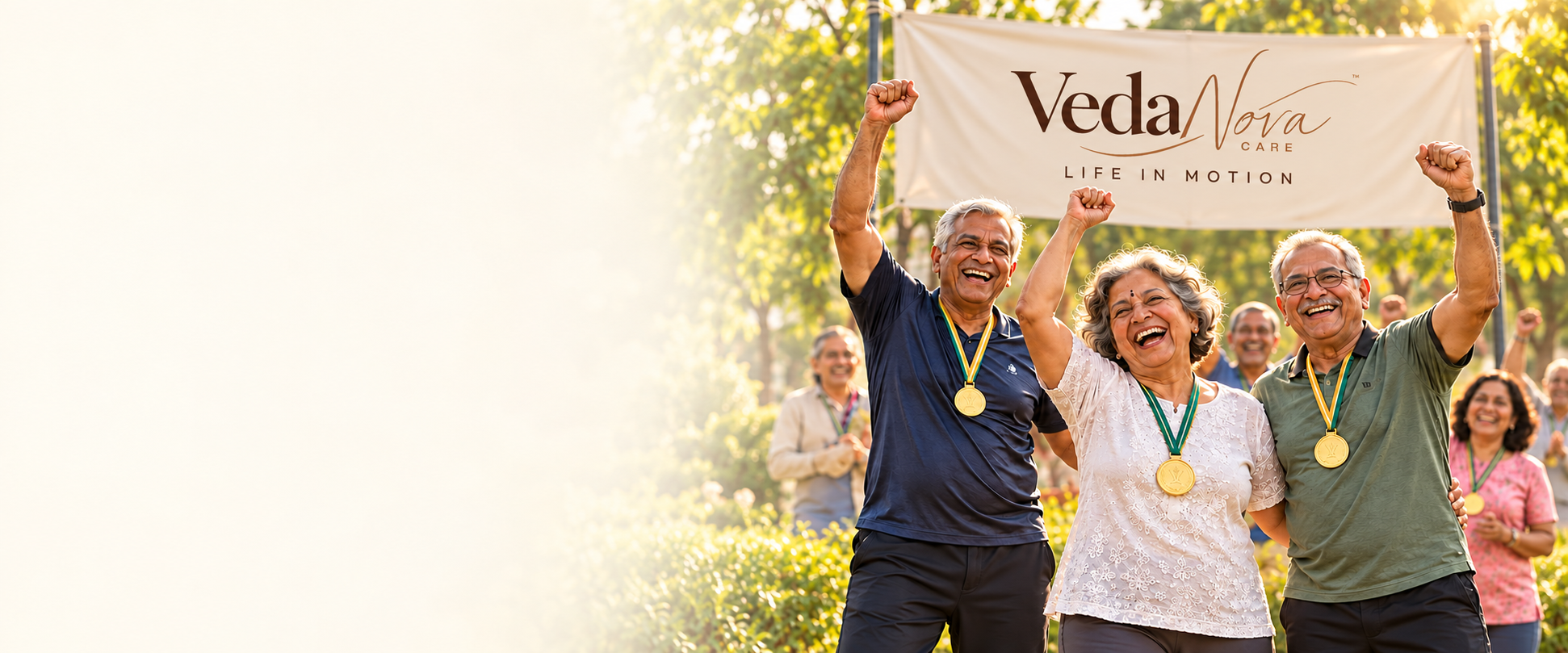 Happy seniors celebrating mobility medals and life in motion with VedaNova