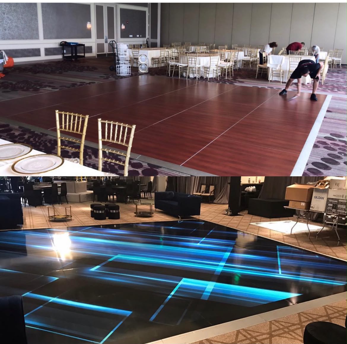 Before and after comparison of standard ballroom dance floor transformed into high-gloss neon geometric floor wrap in Miami FL