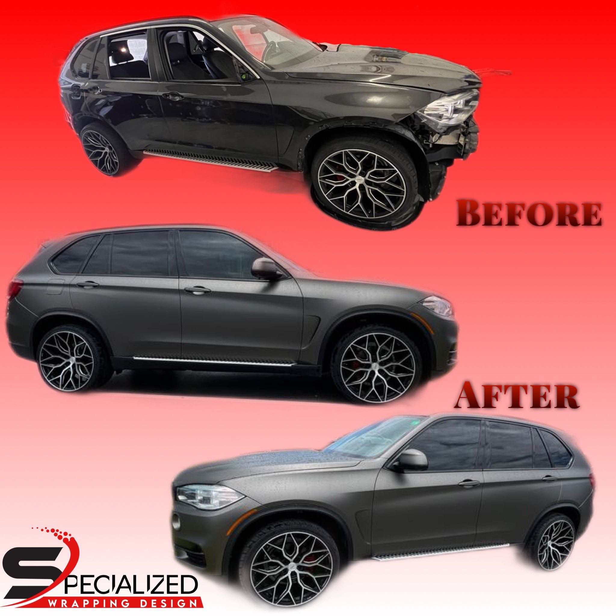 Before and after comparison of BMW X5 luxury SUV transformed into satin charcoal metallic vinyl wrap by Specialized Wrapping Design in Doral FL