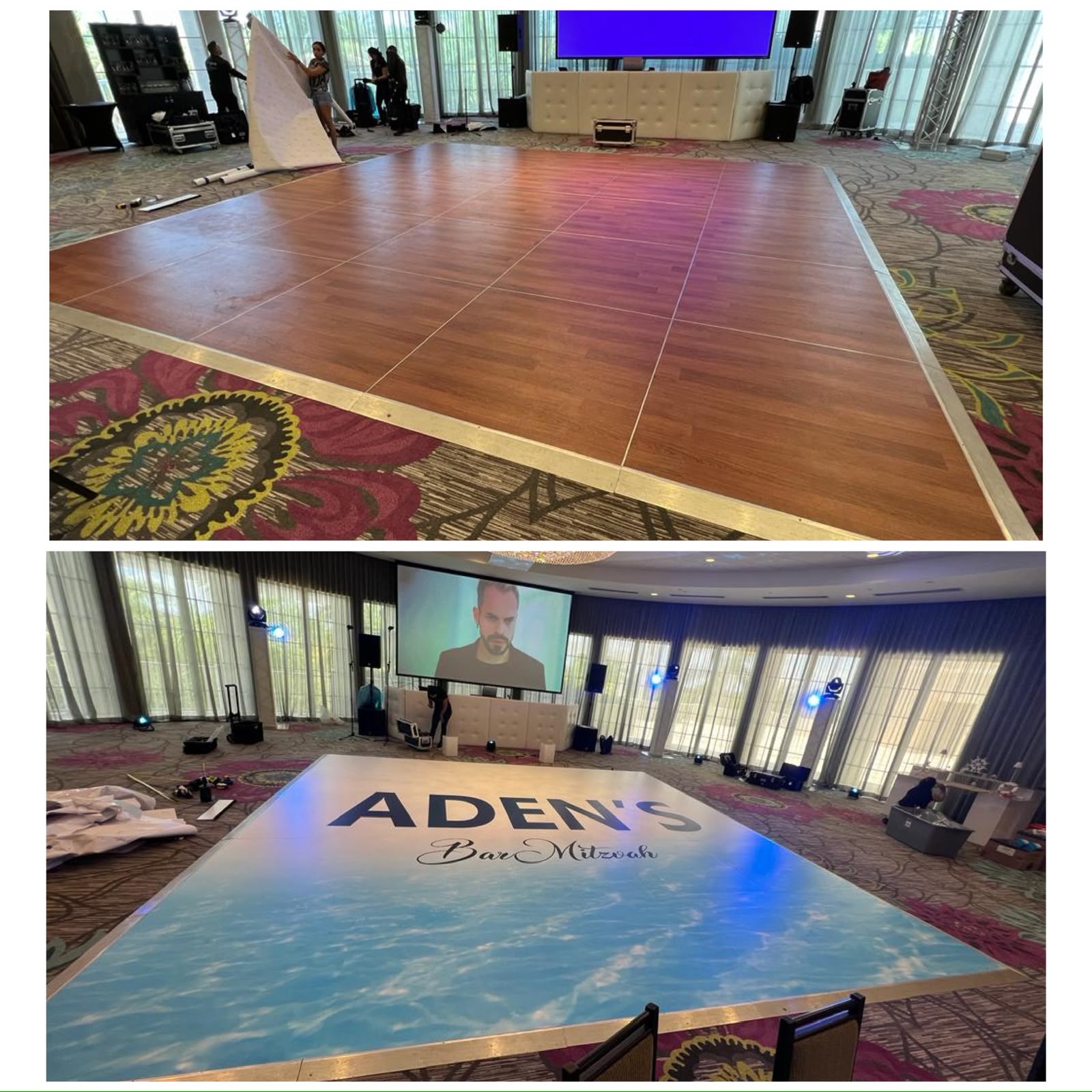 Before and after custom tropical ocean waters Bar Mitzvah dance floor wrap installation in Miami Beach FL
