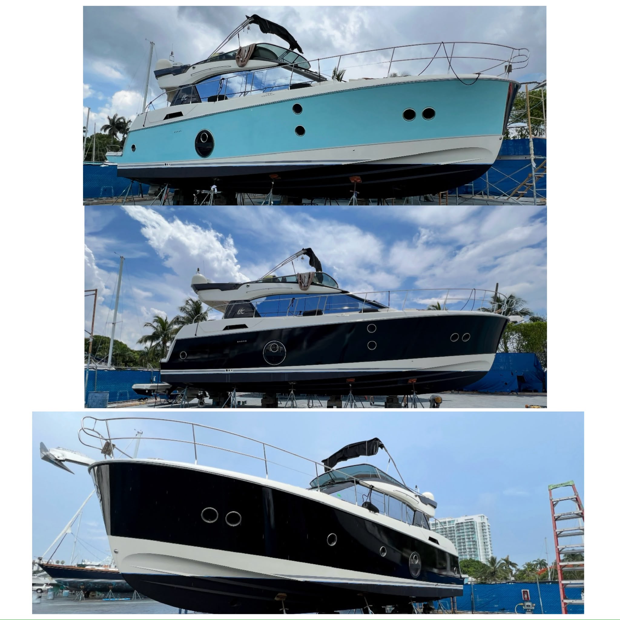 Luxury yacht marine hull color change wrap completed by Specialized Wrapping Design in Miami FL
