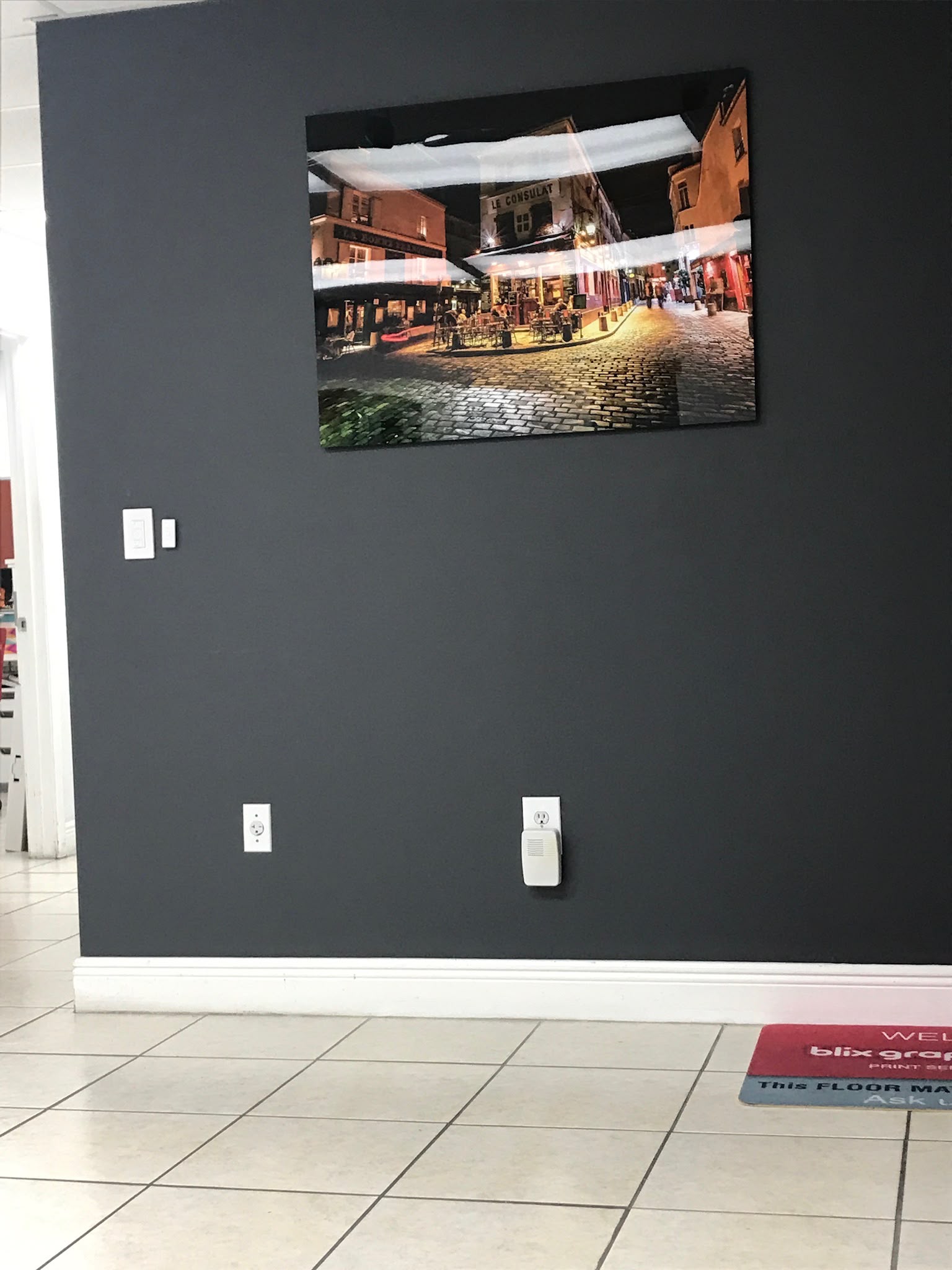 High-definition architectural acrylic wall print mounted with stainless standoffs on charcoal feature wall in Coral Gables FL
