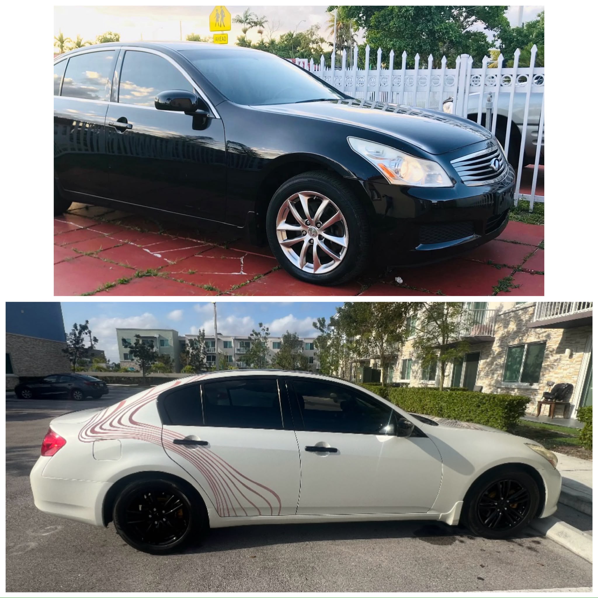 Partial vehicle wrap with custom rose gold topographical wave graphics on pearl white vehicle in Coral Gables FL