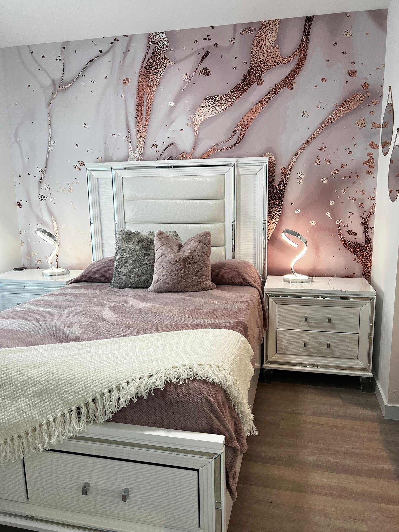 High-end liquid rose gold and marble textured bedroom feature wall wrap completed in Coral Gables FL