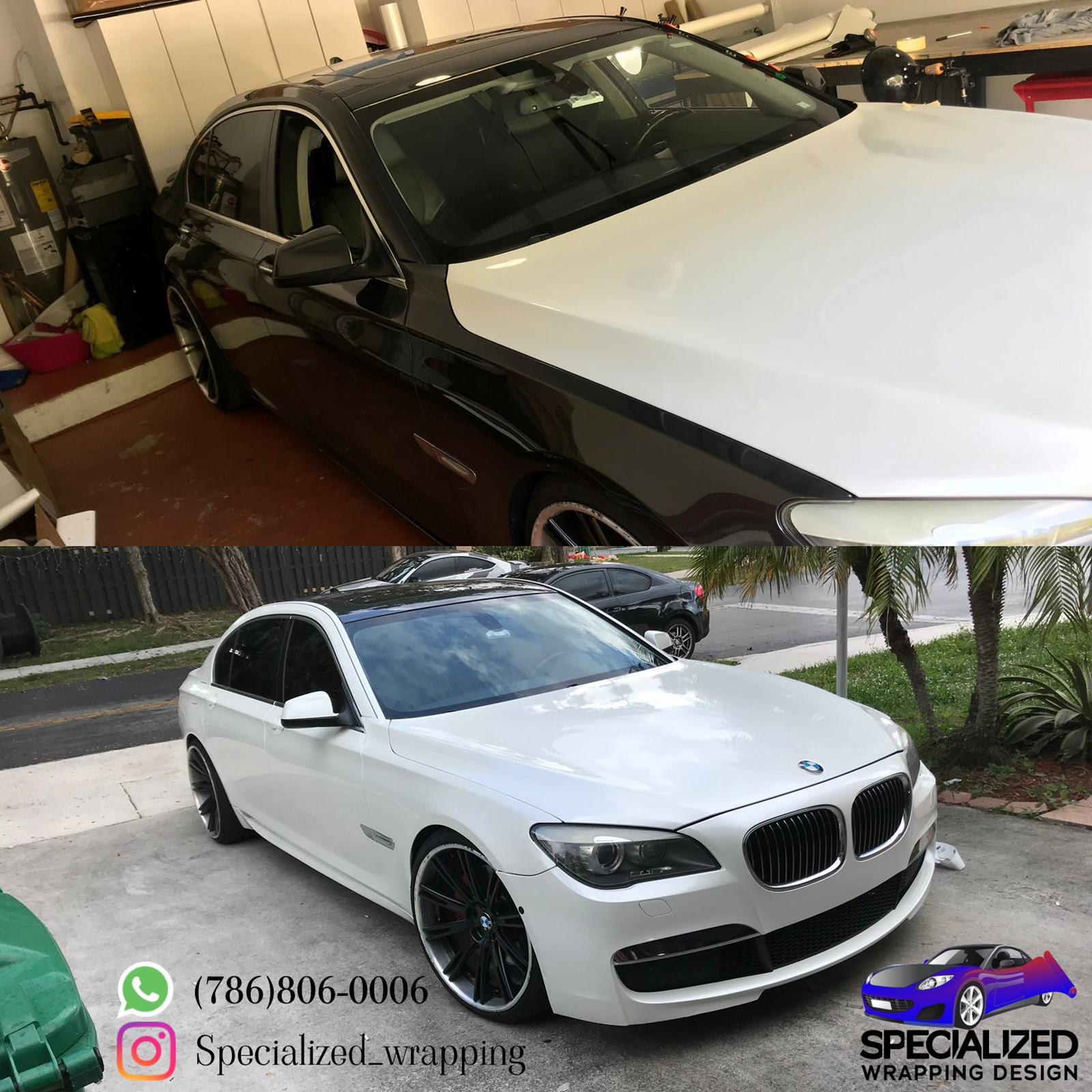 Before and after BMW 7 Series wrapped from gloss black to ultra gloss white with gloss black roof wrap in Kendall FL