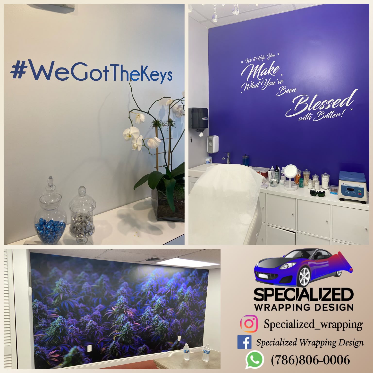 Commercial aesthetic spa wall lettering, office hashtag decals, and botanic wall wrap installations in Miami FL