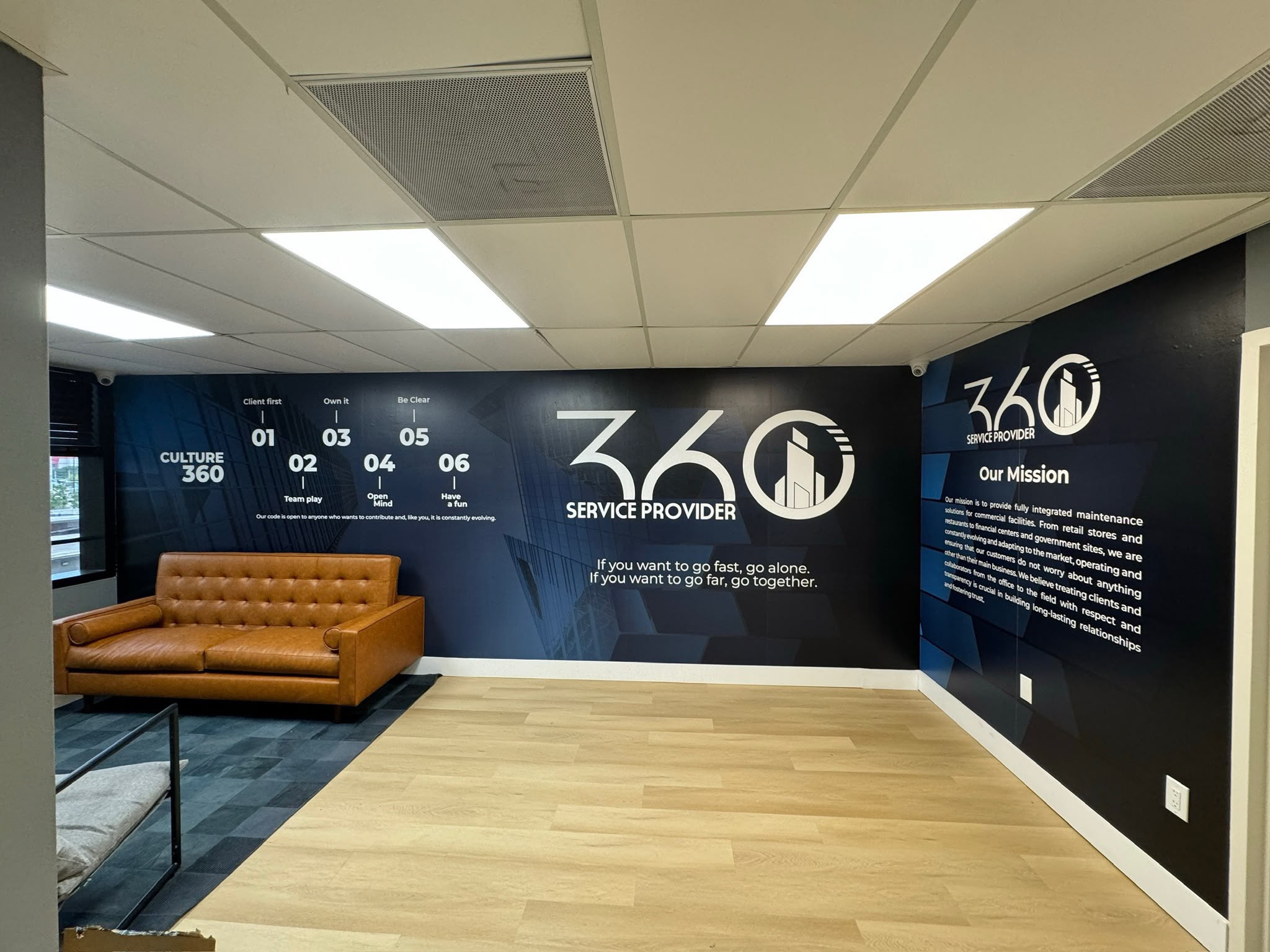 360 Service Provider corporate headquarters reception wall wrap with Culture 360 values and skyline graphics in Doral FL