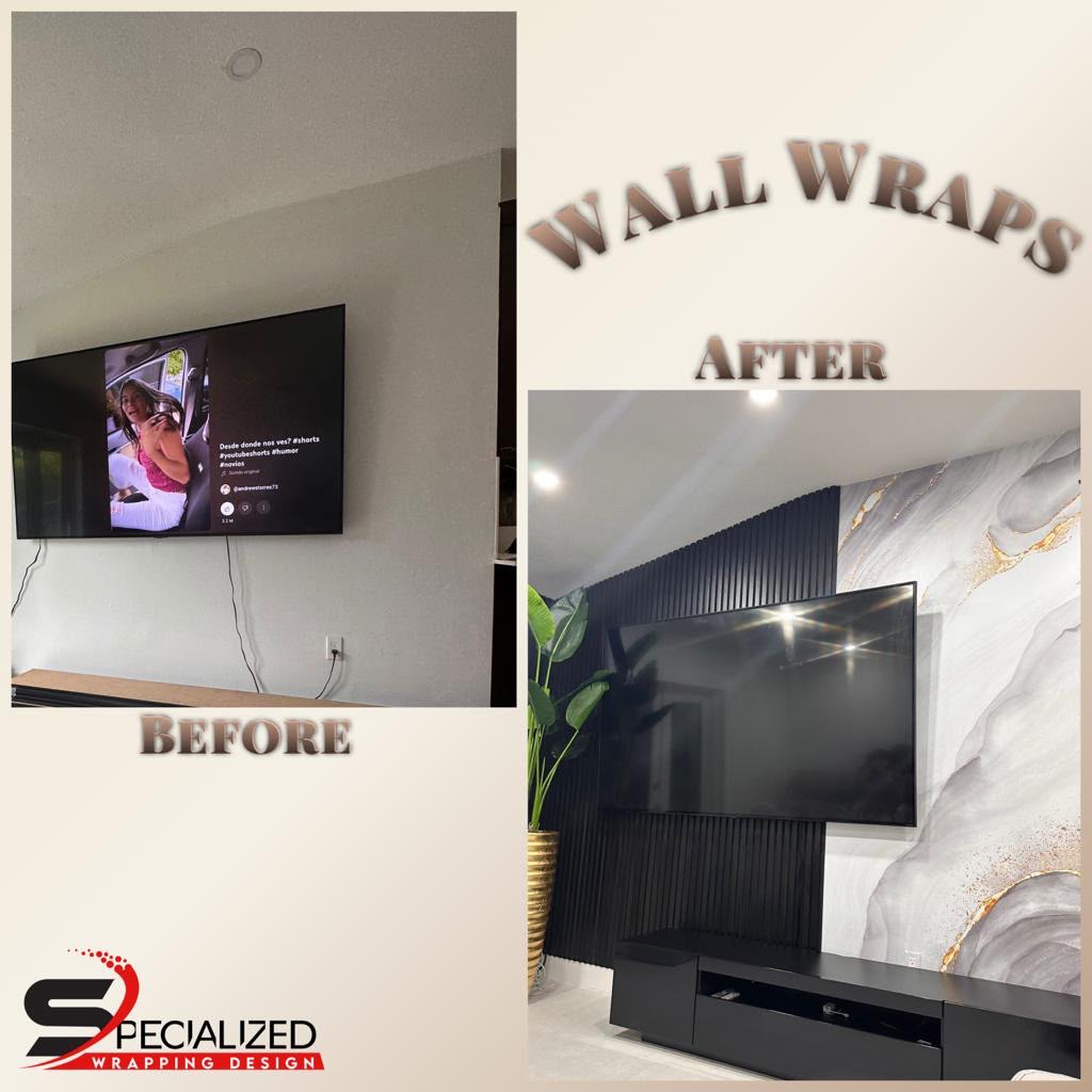 Before and after media room TV accent wall transformation with black wood slat acoustic paneling and gold marble vinyl wrap in Kendall FL