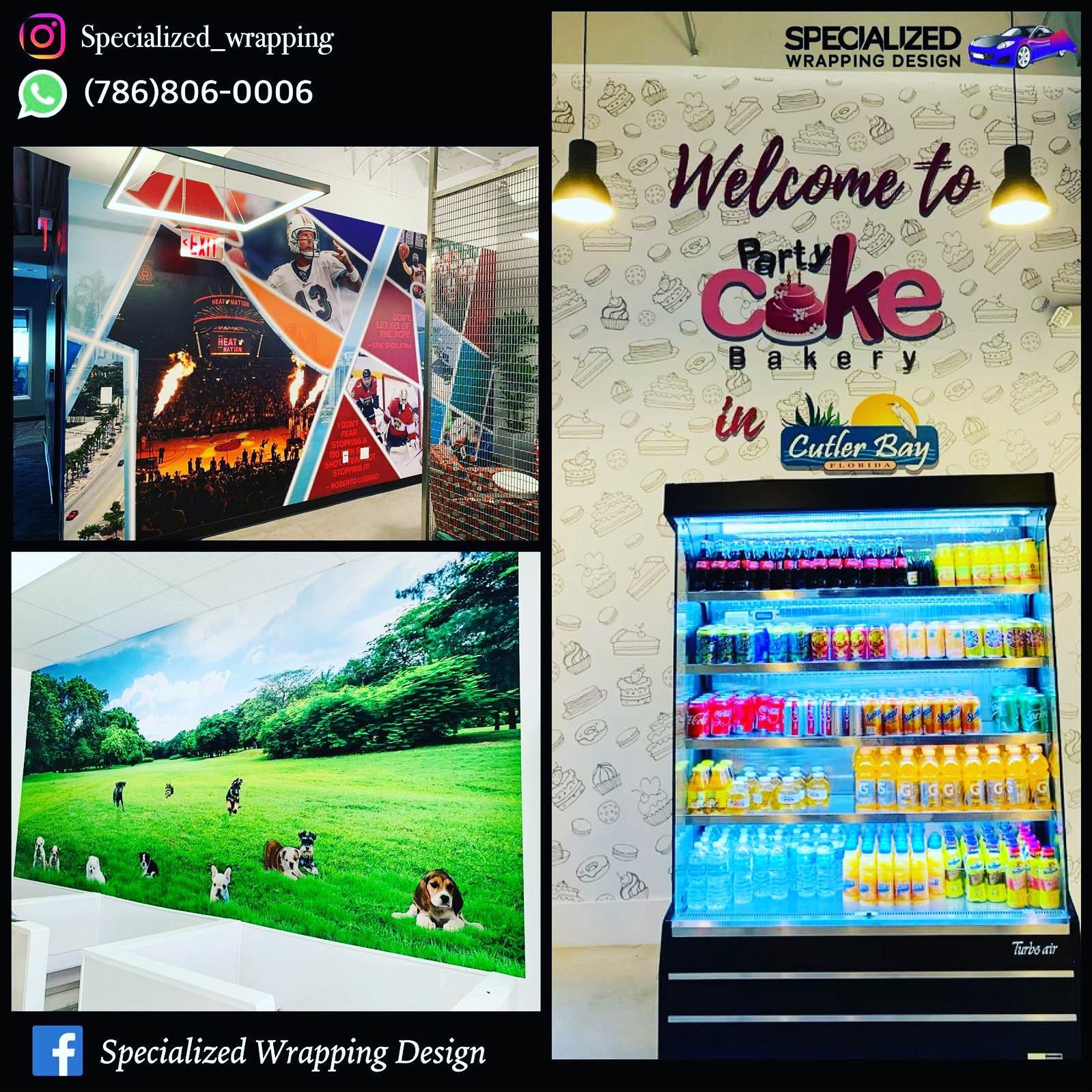 Party Cake Bakery Cutler Bay commercial wall wrap, sports lounge mural, and pet salon landscape wall graphics completed in South Florida