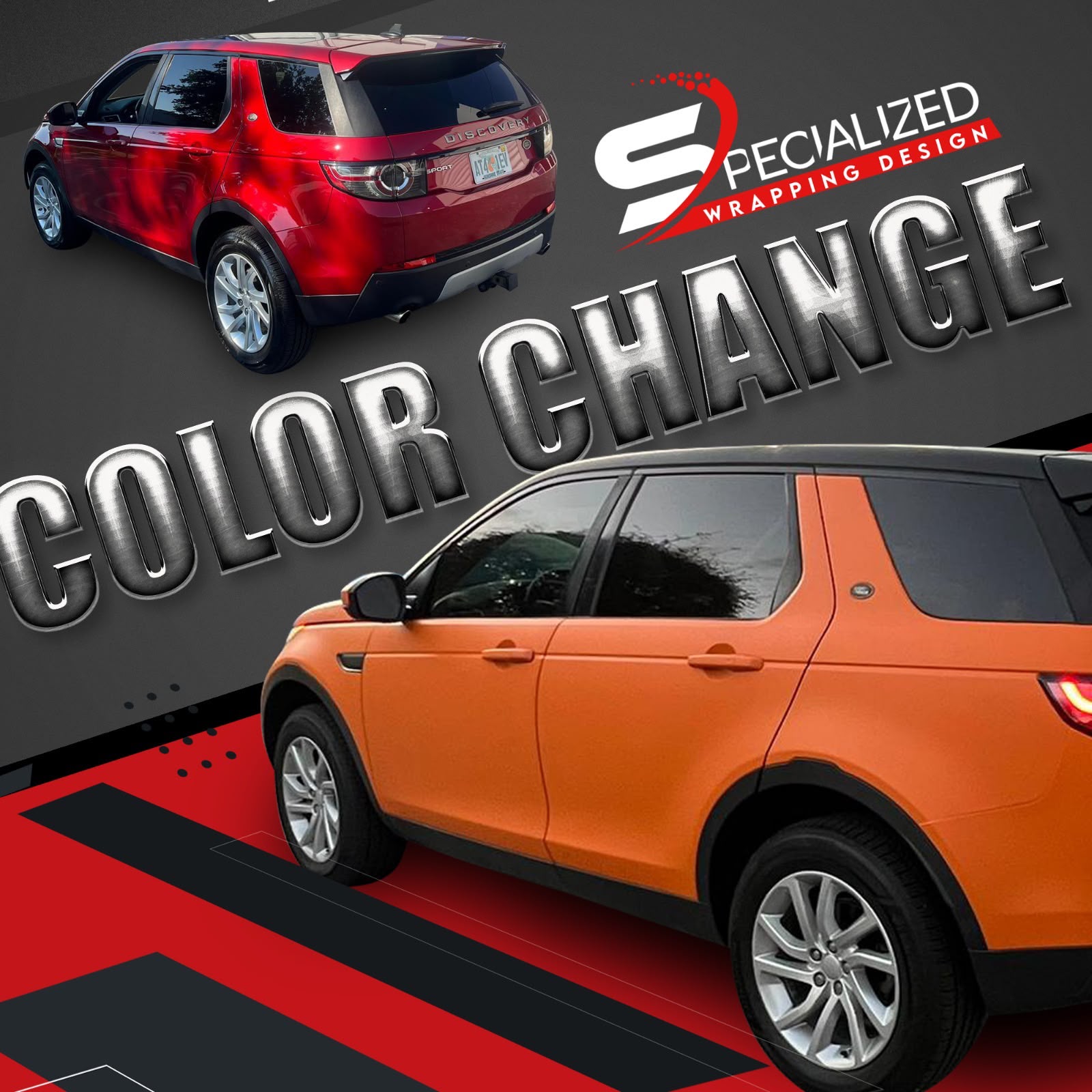 Land Rover Discovery Sport transformed from factory red to custom satin sunset orange with gloss black roof wrap in Pinecrest FL