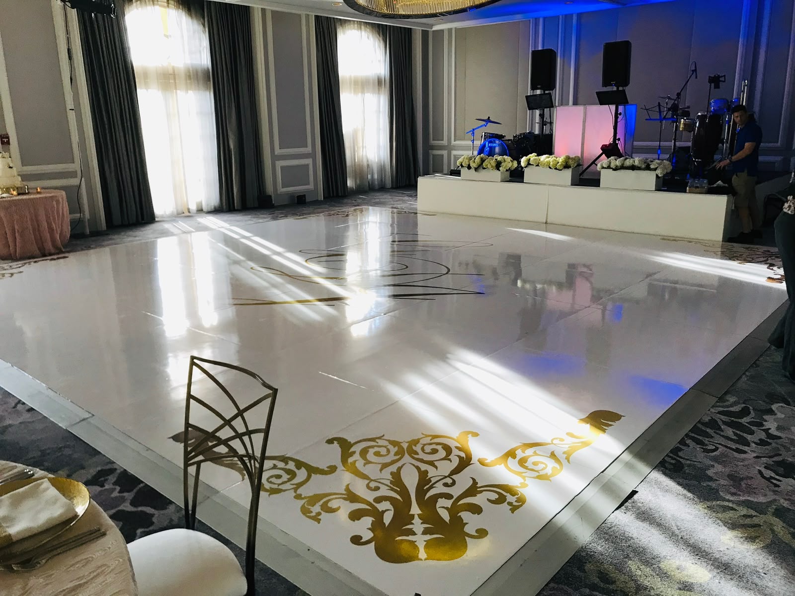 Elegant custom script monogram and gold baroque corner dance floor wrap in Pinecrest FL