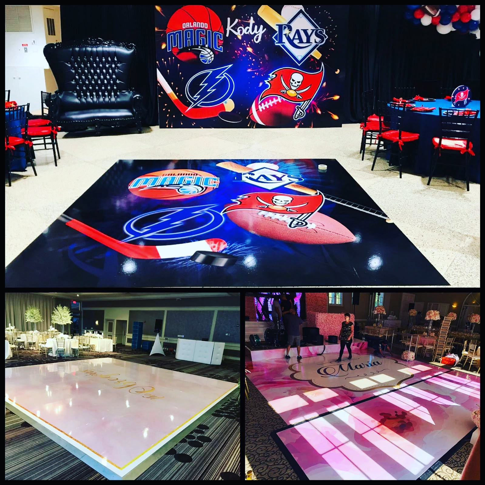 Custom sports branding event backdrop and high-gloss vinyl dance floor wrap completed in Miami FL