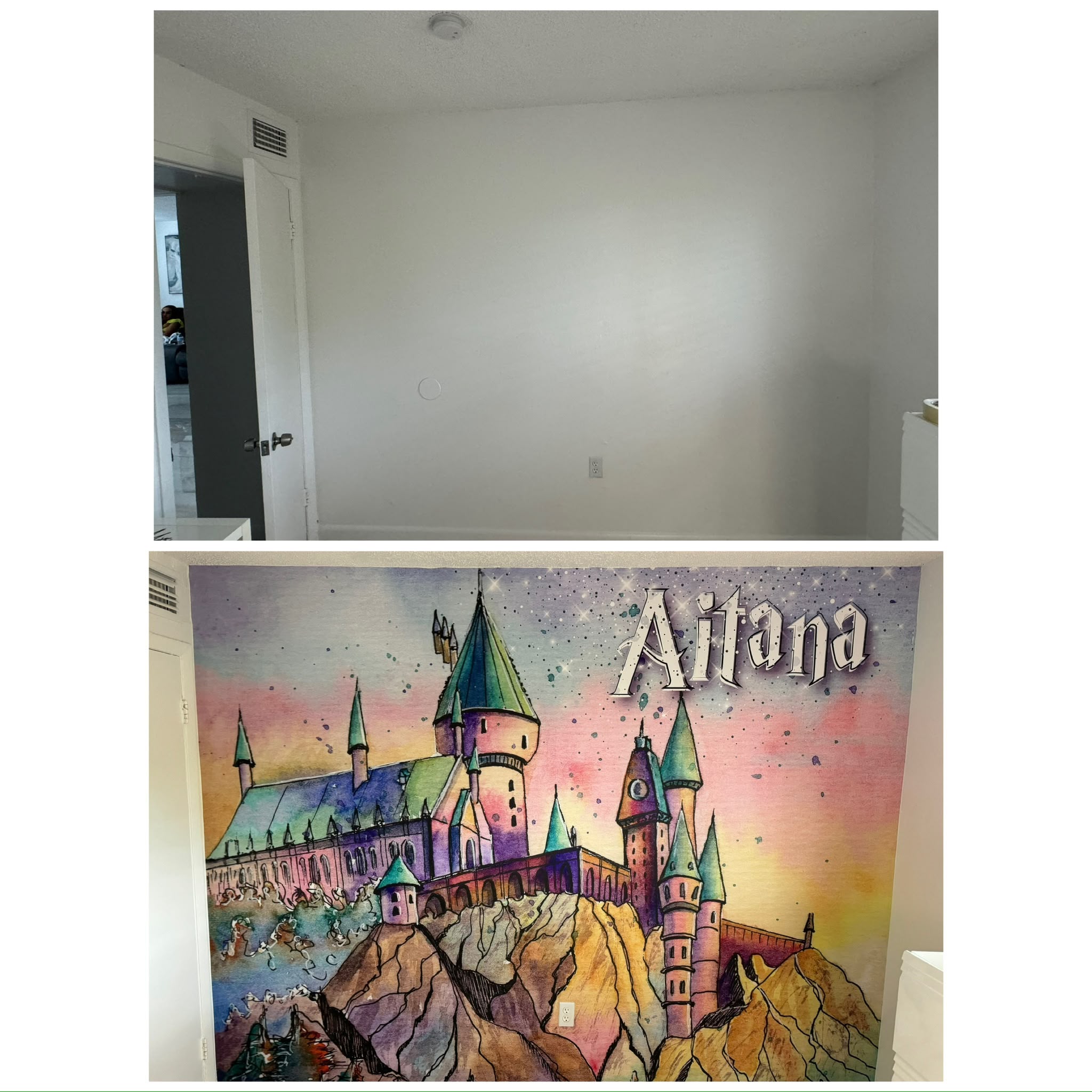 Before and after custom personalized watercolor fantasy castle bedroom wall mural wrap for Aitana in Pinecrest FL