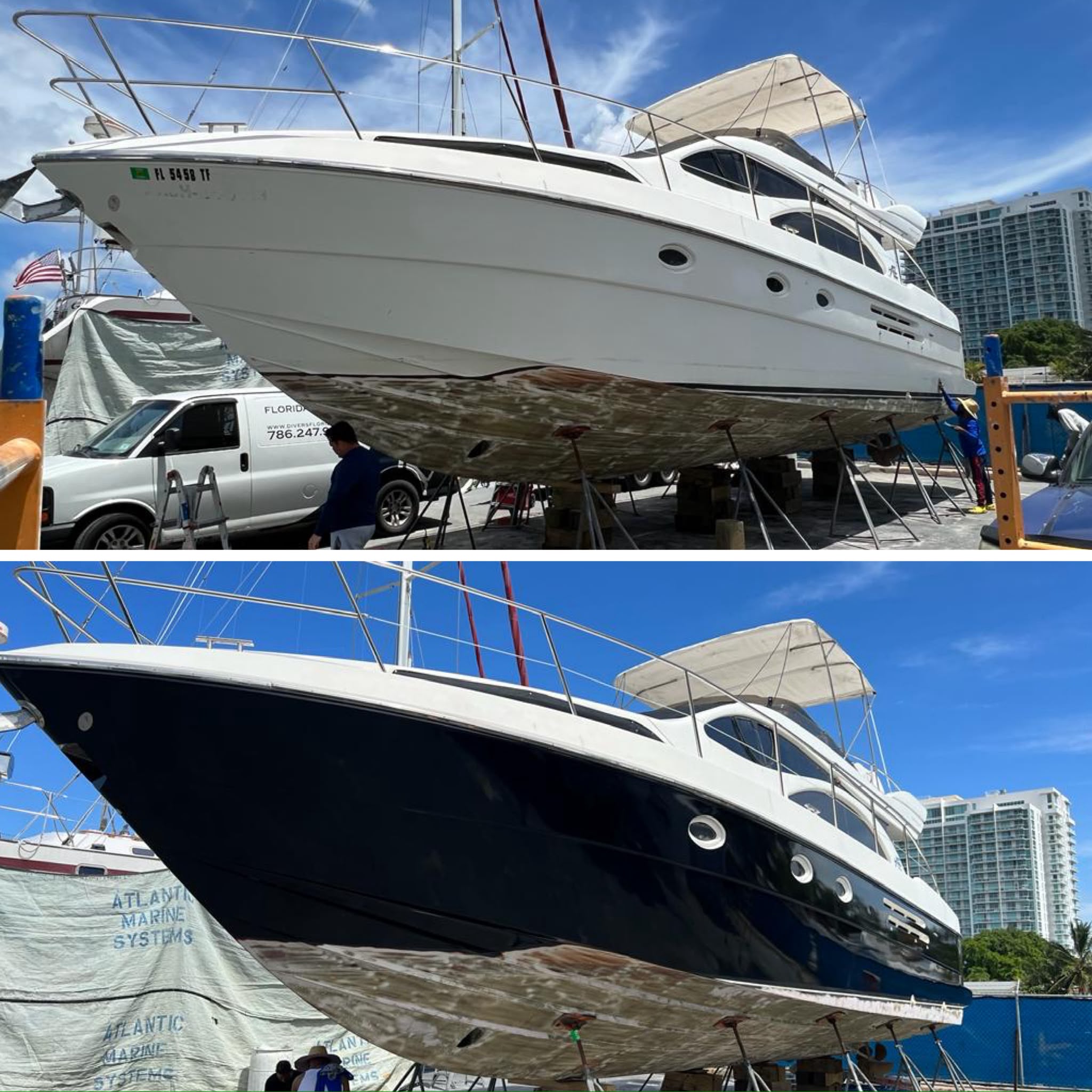 Before and after large motor yacht hull wrapped in high-gloss midnight navy vinyl at Miami shipyard by Specialized Wrapping Design
