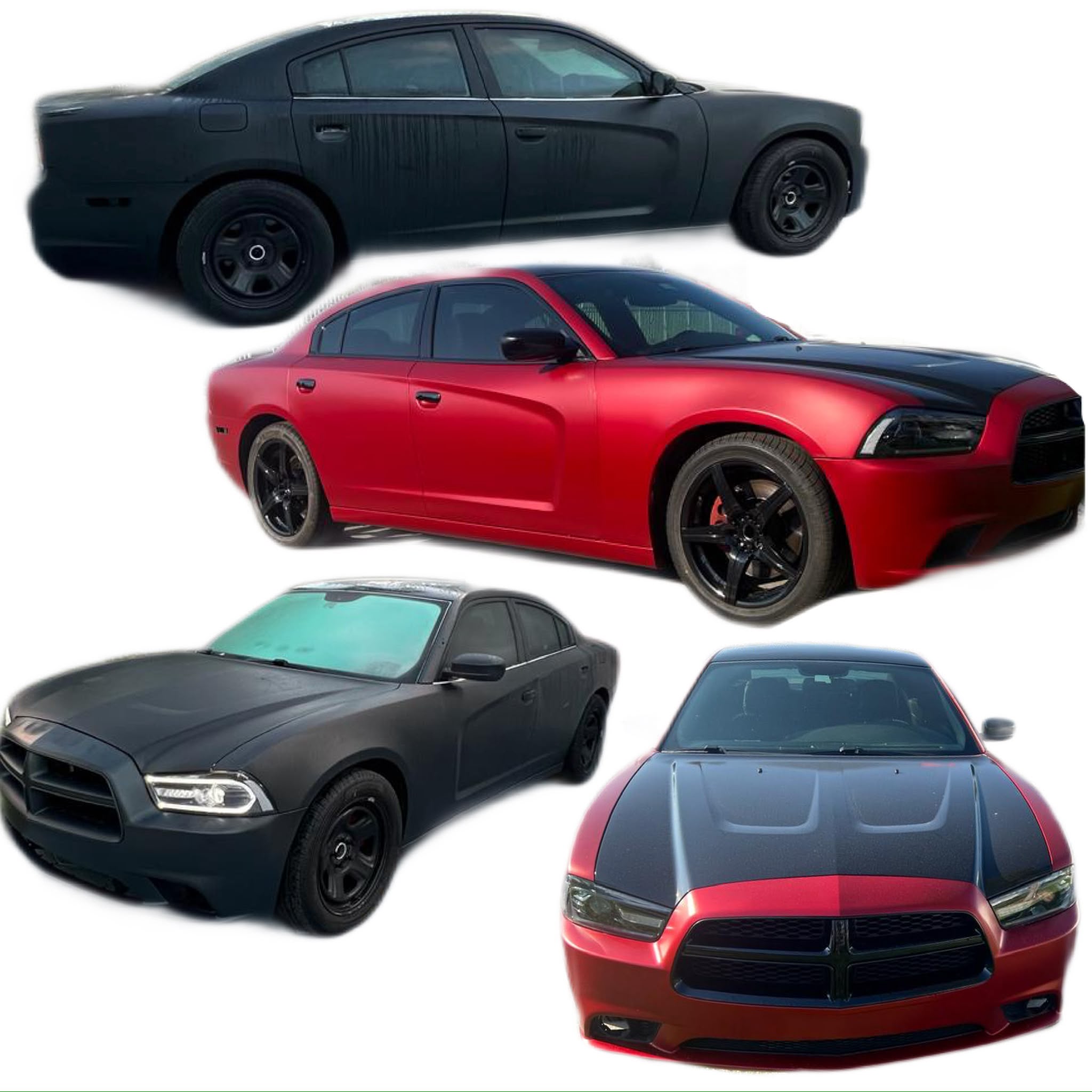 Before and after Dodge Charger muscle car transformation from matte black to satin crimson red with gloss black hood wrap in Miami FL