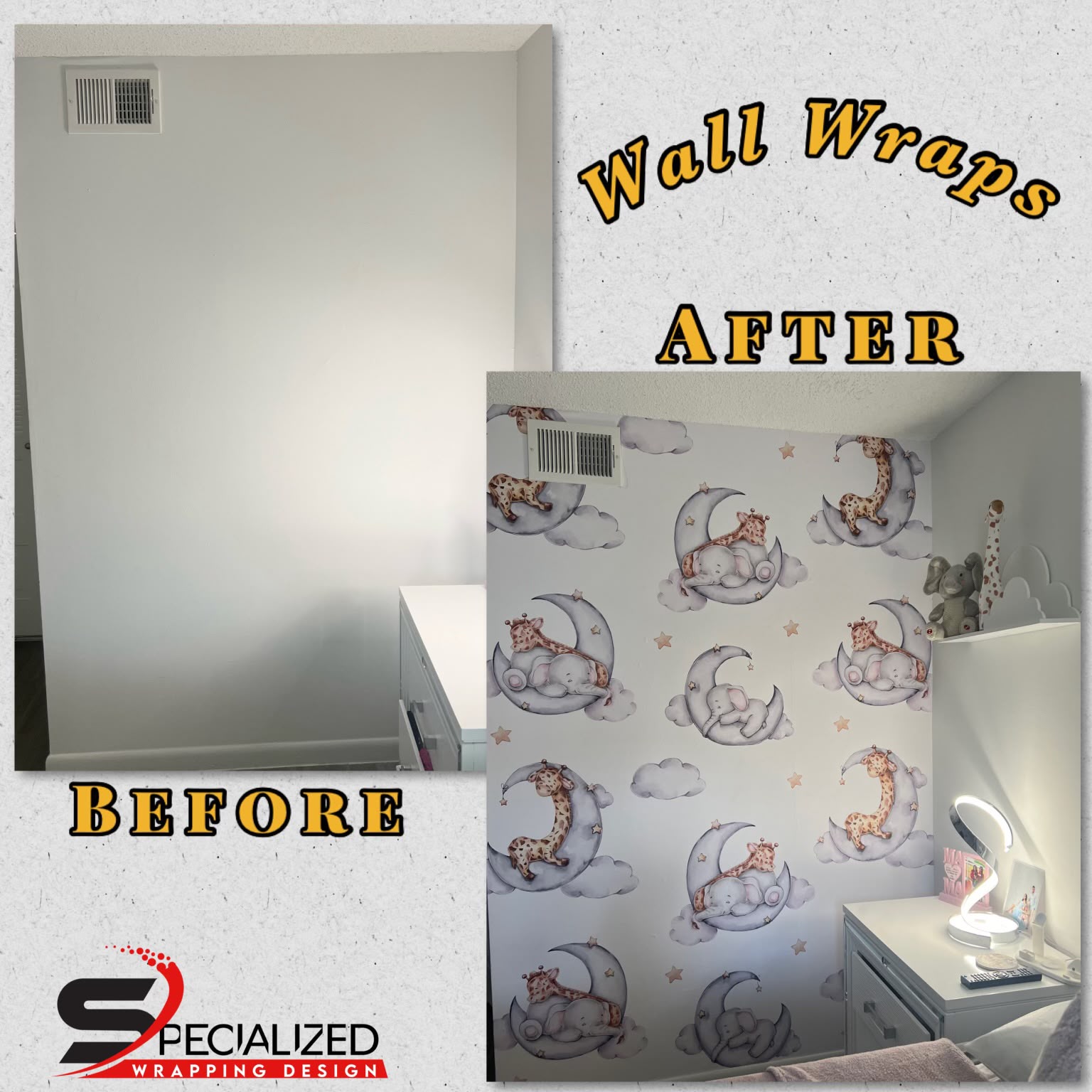 Before and after custom baby nursery bedroom wall wrap with illustrated elephant and giraffe on crescent moons in Kendall FL