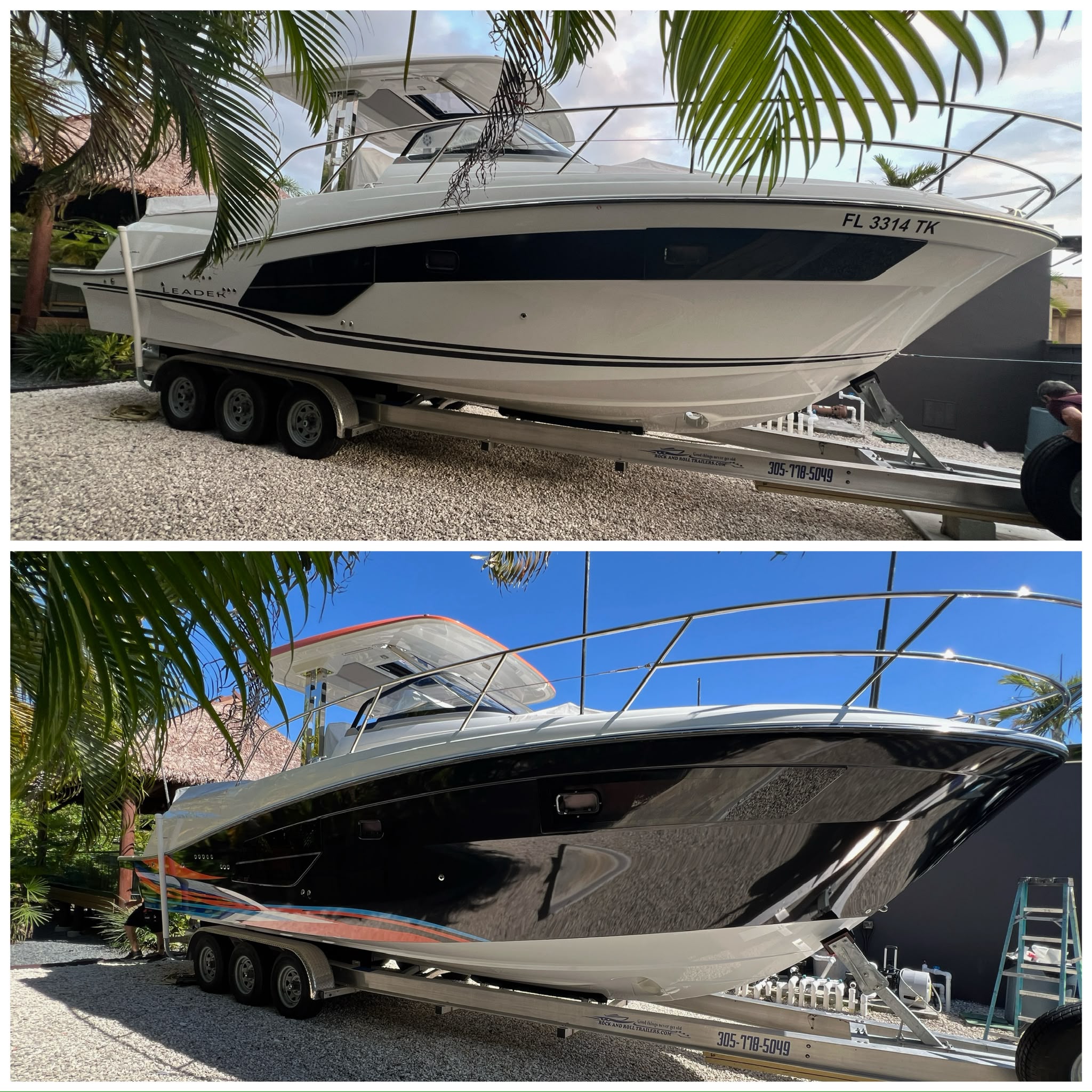Before and after luxury cabin cruiser transformed from white to high-gloss black with custom graphics wrap in South Florida