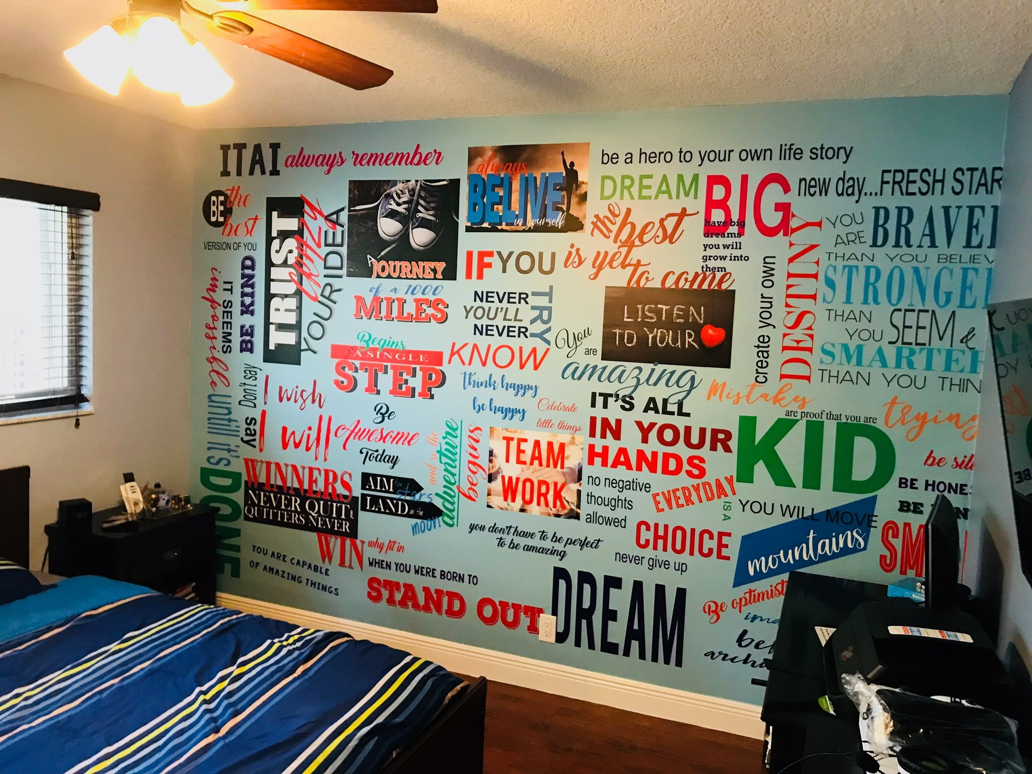 Custom bedroom motivational typographic collage wall wrap mural installed in South Miami FL