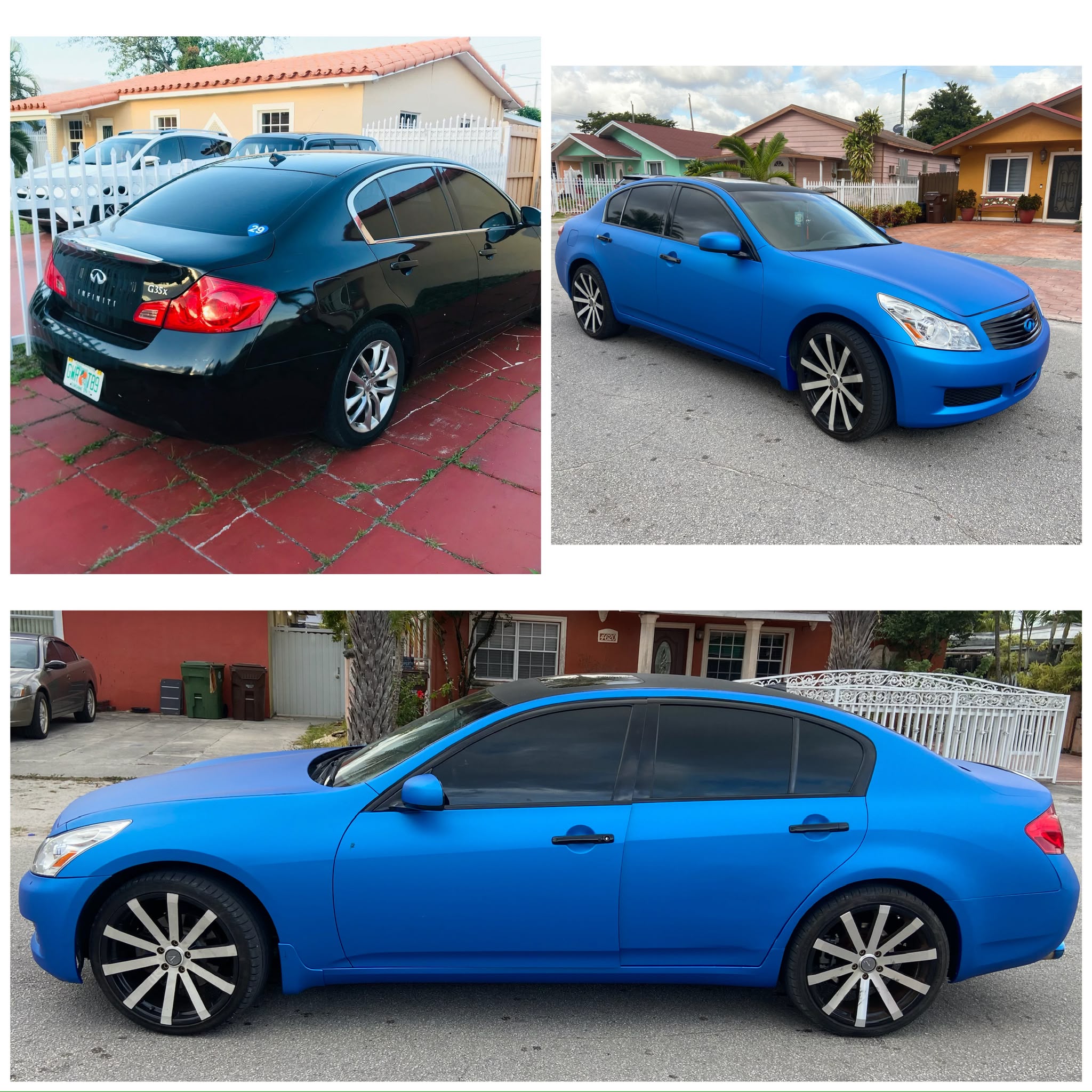 Before and after Infiniti G35x sedan wrapped from black to matte electric blue vinyl wrap in Miami FL