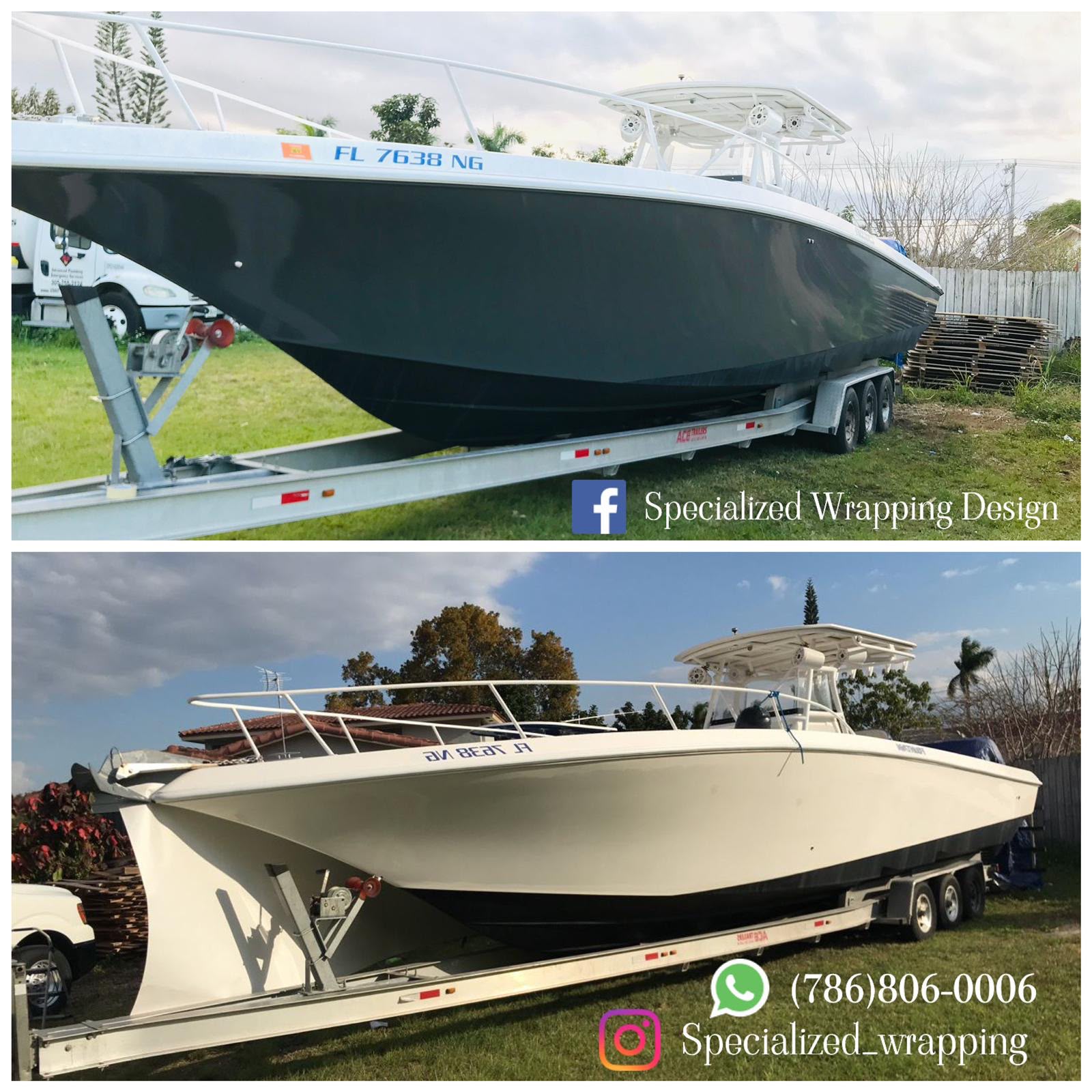 Before and after marine vinyl hull wrap transformation on center console fishing boat in Miami FL
