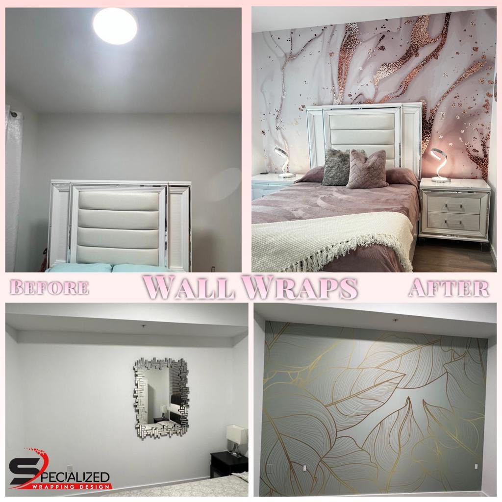 Before and after luxury residential wall wraps with rose gold marble and botanical gold line art in Pinecrest FL