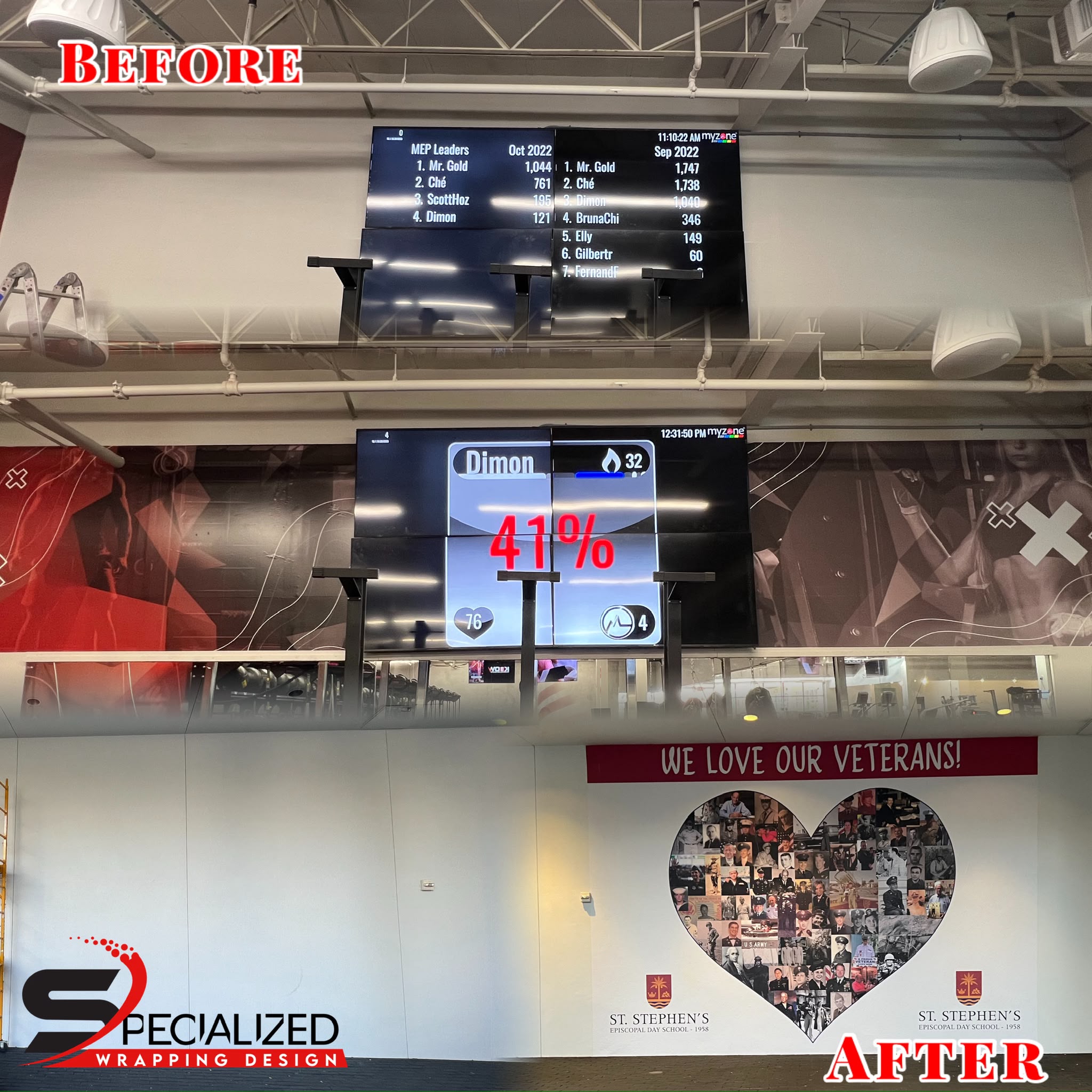 Before and after architectural wall wrap installation for St. Stephen's Episcopal Day School Veterans Heart Memorial in Miami FL